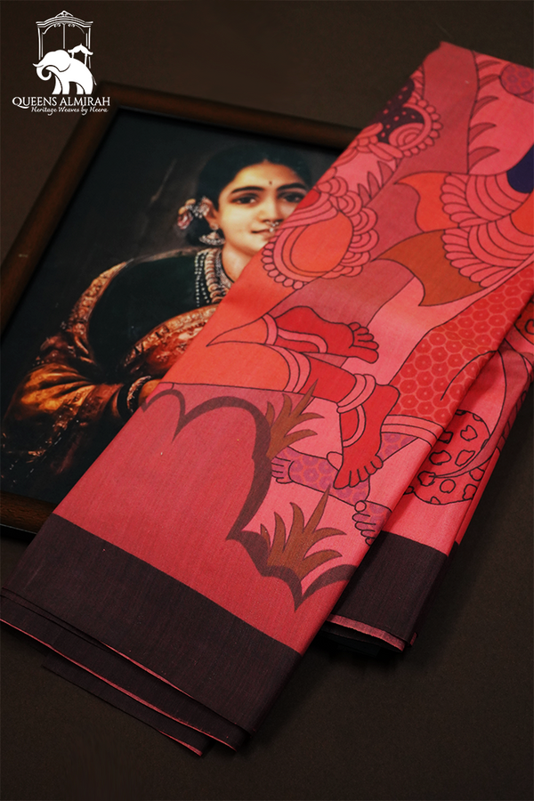PASTEL RED WOODY BROWN KANCHIVARAM SILK SAREE - Queens Jewel Emporium