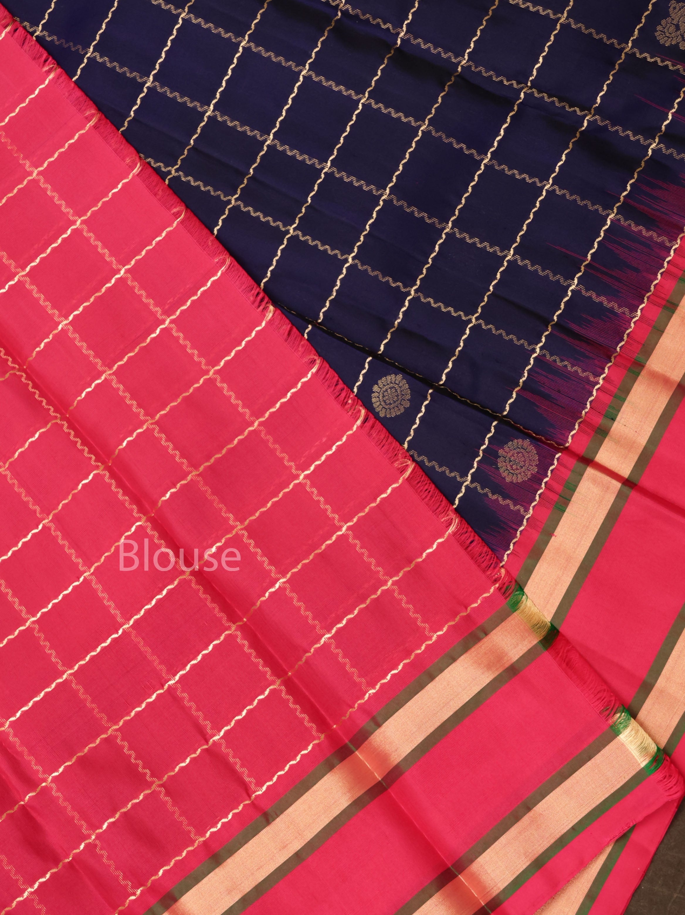 Dark Navy Blue With Pink Pure Kanchivaram Silk Saree