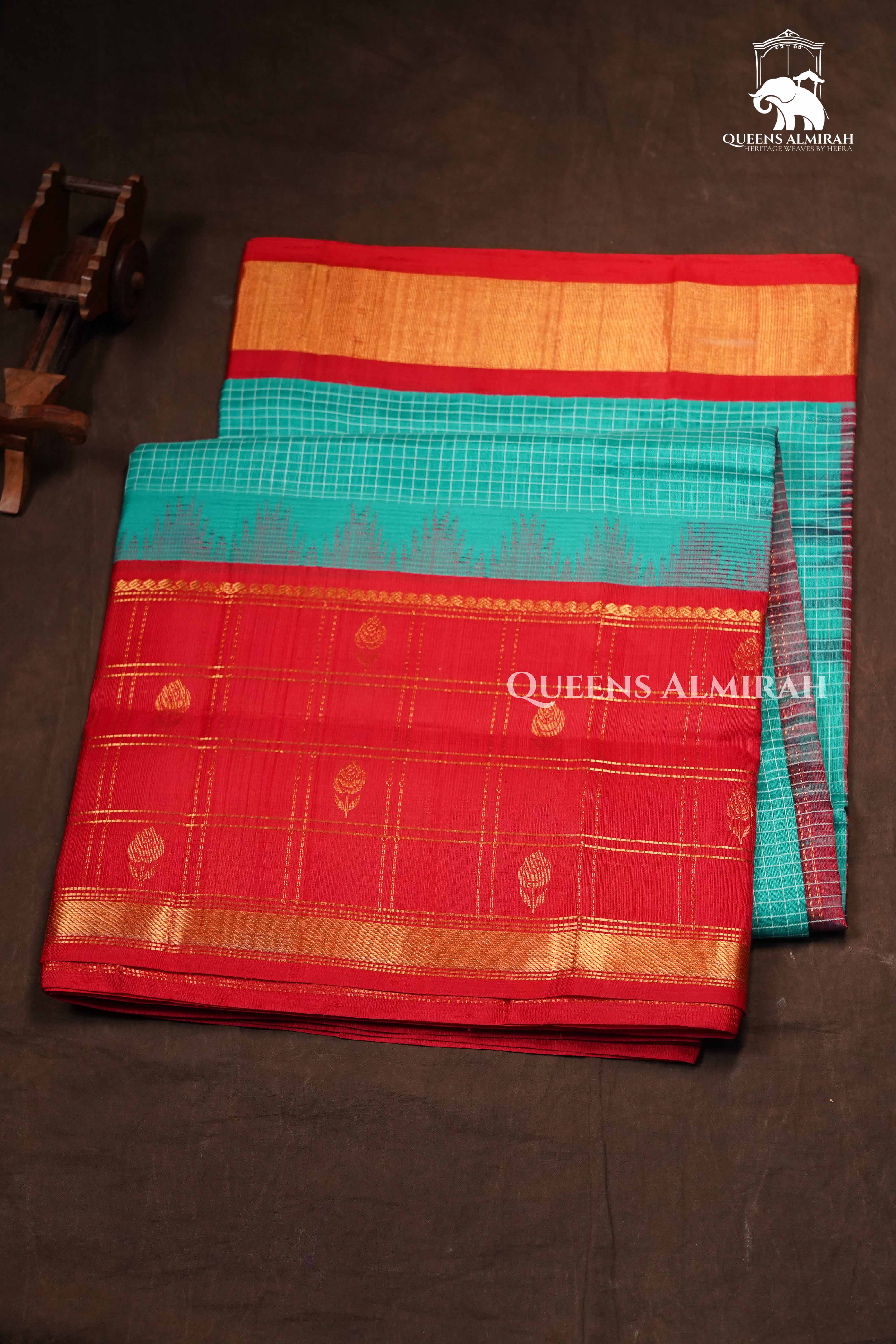 Sea Blue With Red Pure Kanchi Silk Cotton Saree