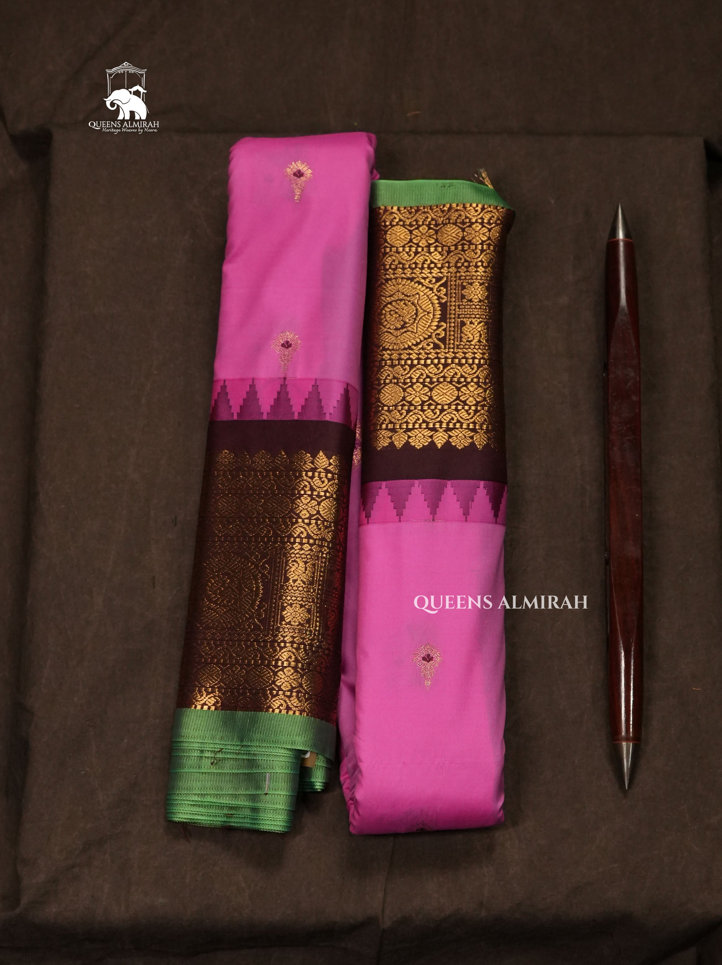 Lotus Pink With Brown Semi Gadwal Silk Saree