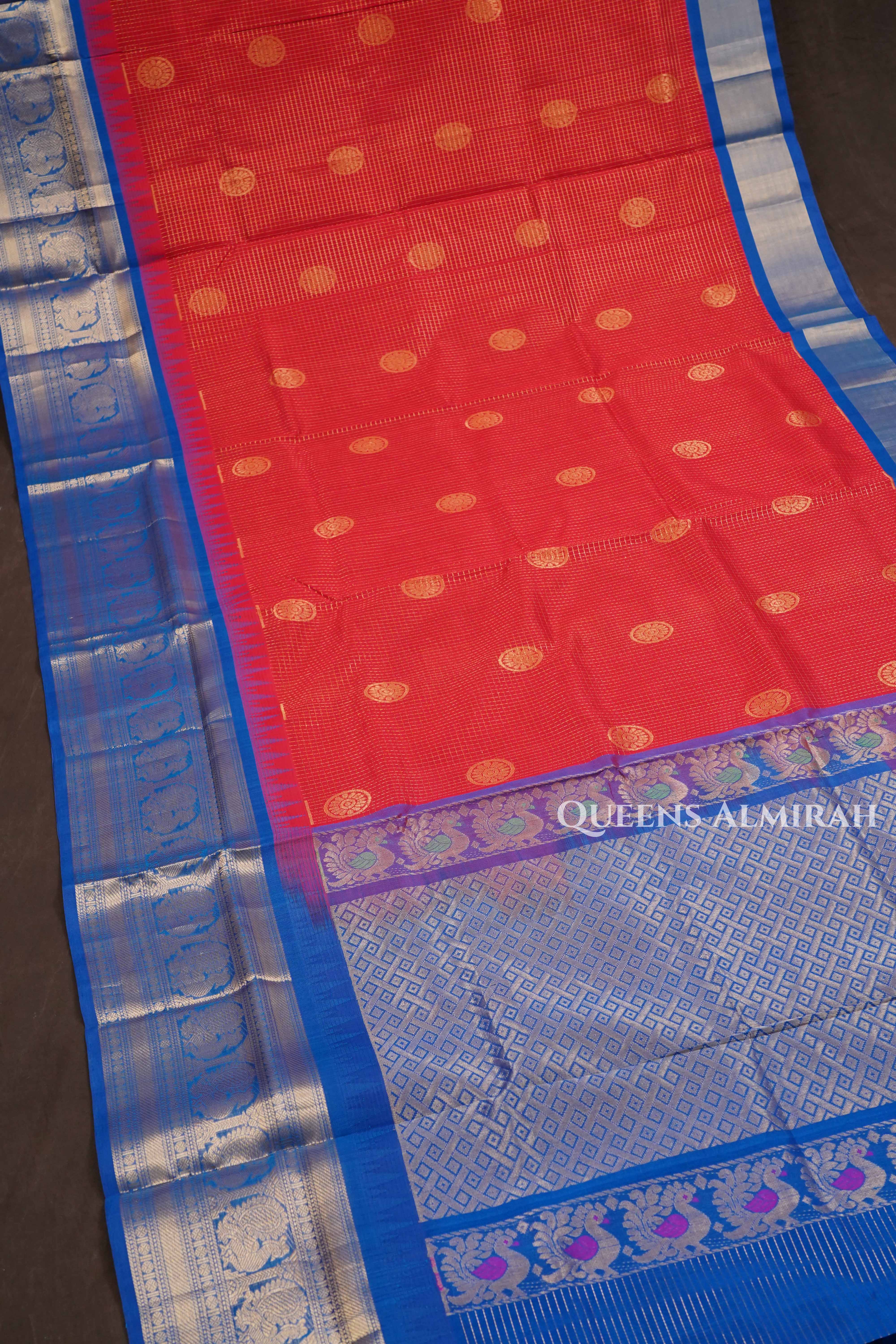 Mirchi Red With Blue Pure Silk Cotton Saree