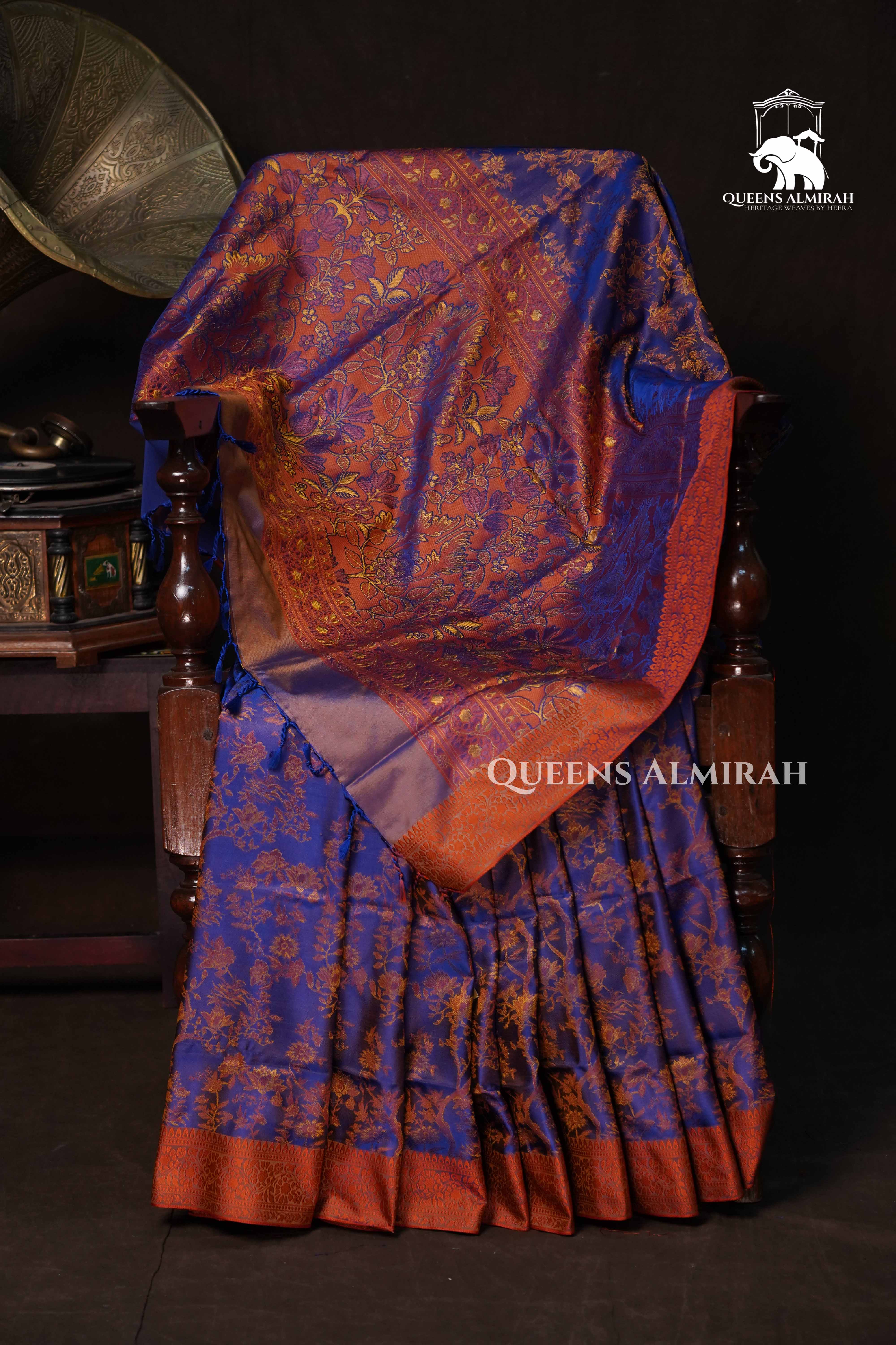 Royal Blue With Orange Pashmina Silk Saree