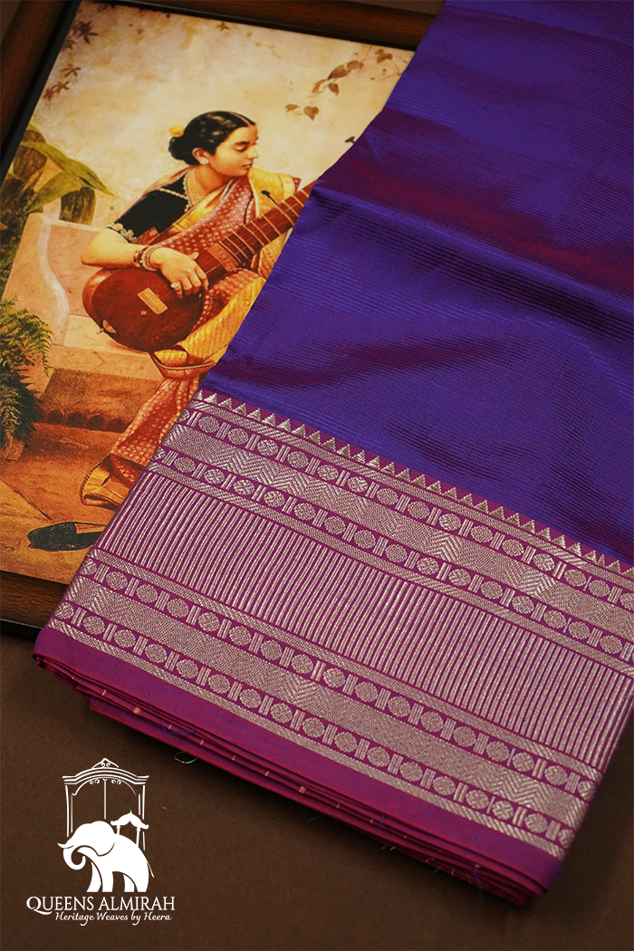 INDIGO LAVENDER WITH WOVEN BORDER MANGALGIRI SAREE - Queens Jewel Emporium