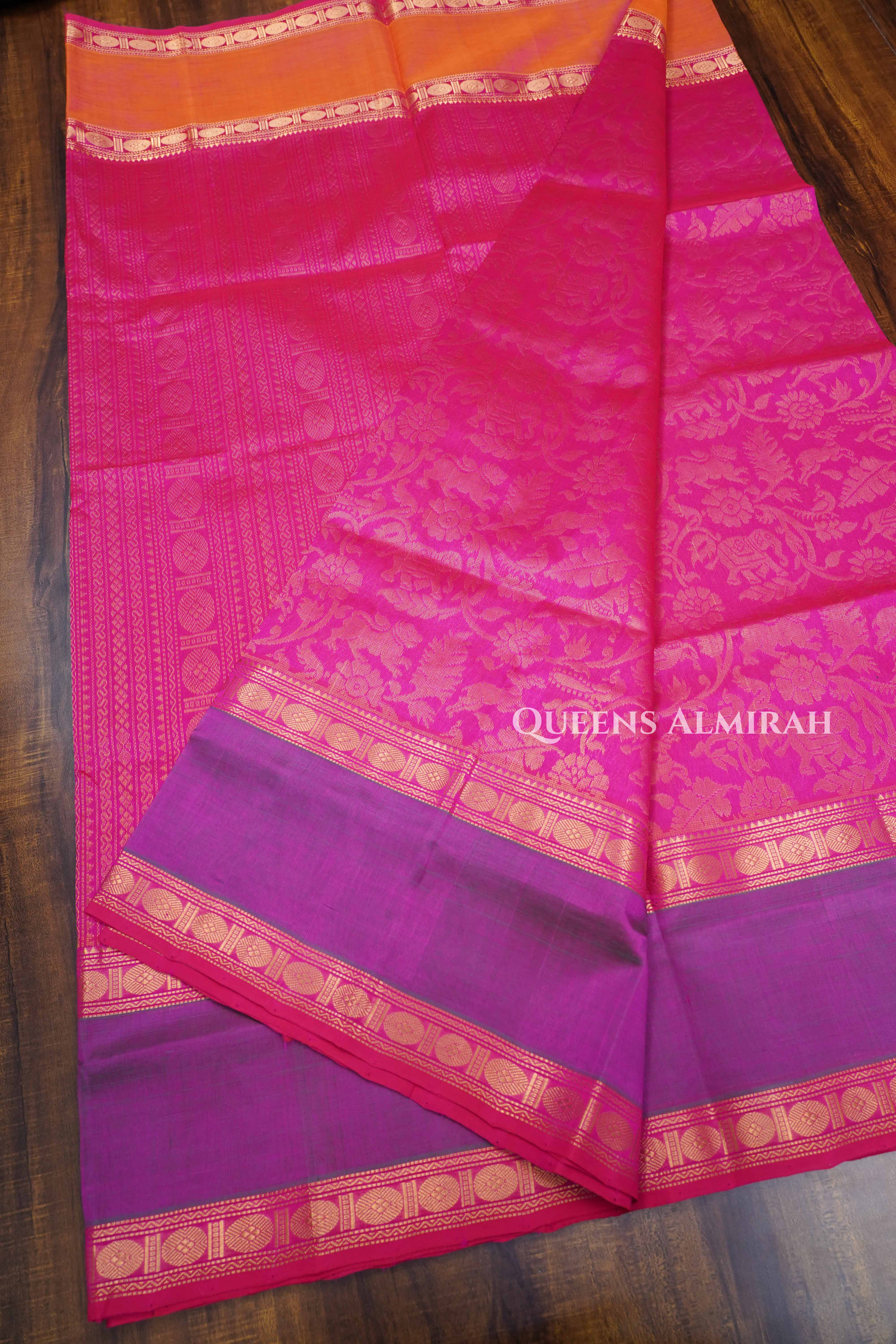 Dragon Fruit Pink With Purple Vanasingaram Pure Kanchi Silk Cotton Saree