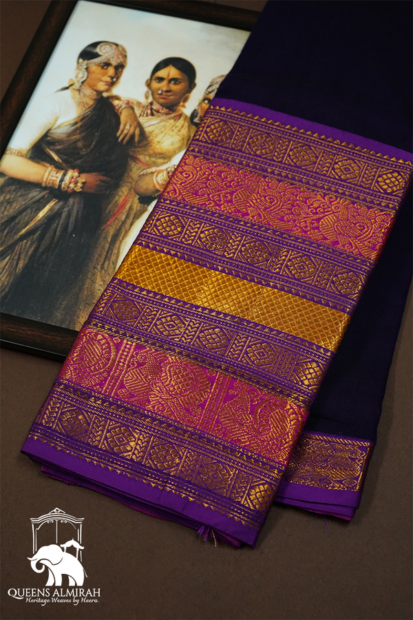 DARK PURPLE WITH LONG MULTI COLOUR BORDER NARAYANPET COTTON SAREEE - Queens Jewel Emporium
