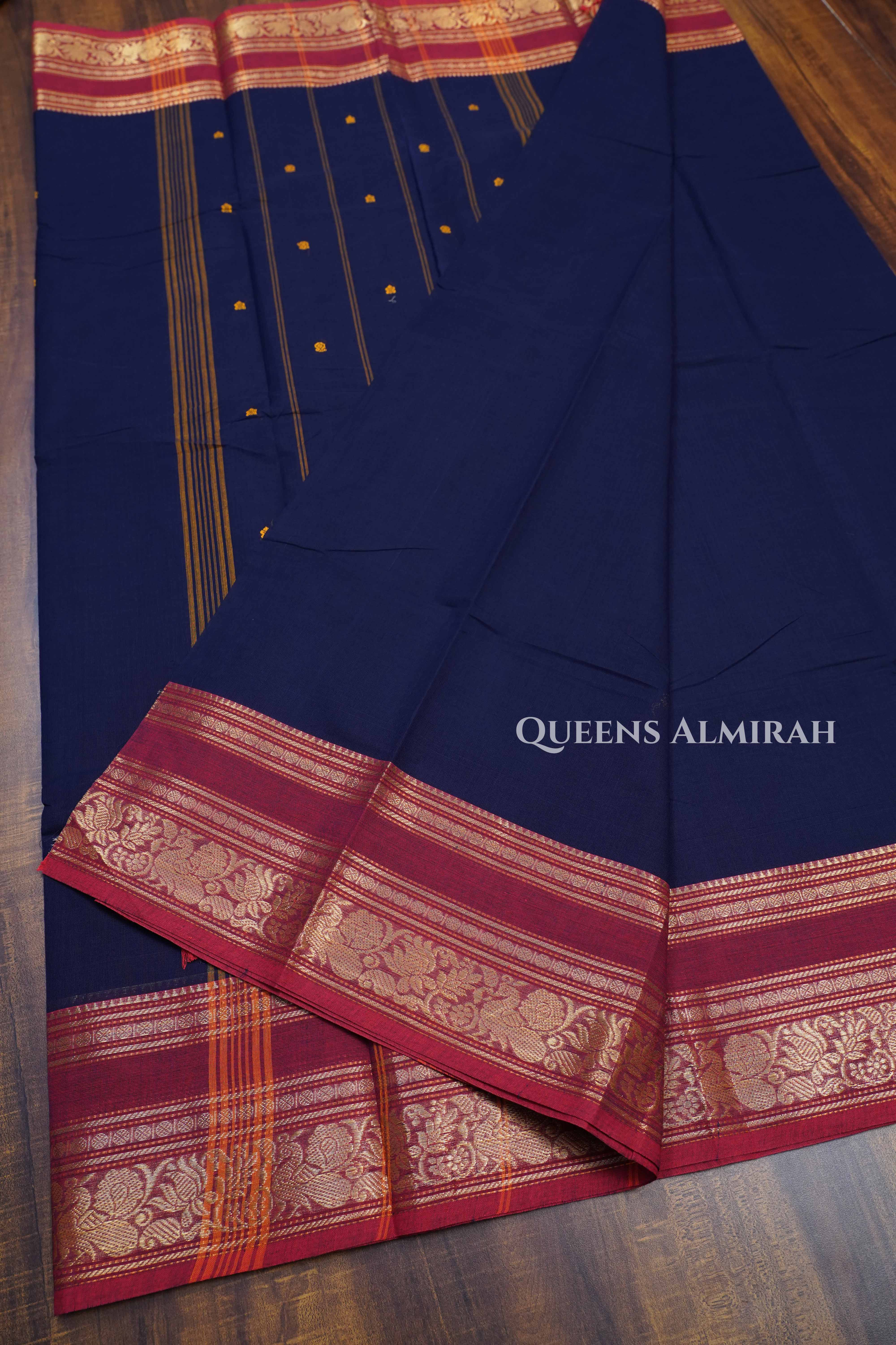 Dark Navy With Red Kanchi Cotton Saree