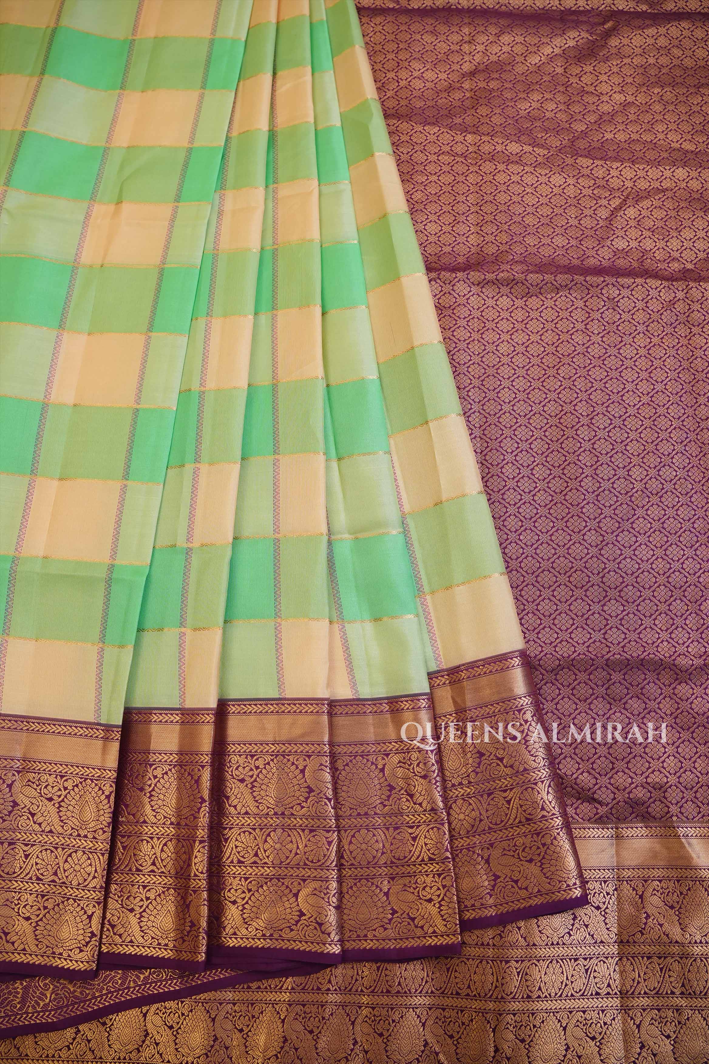Pastel Green Yaanai Kattam Pure Soft Silk Saree