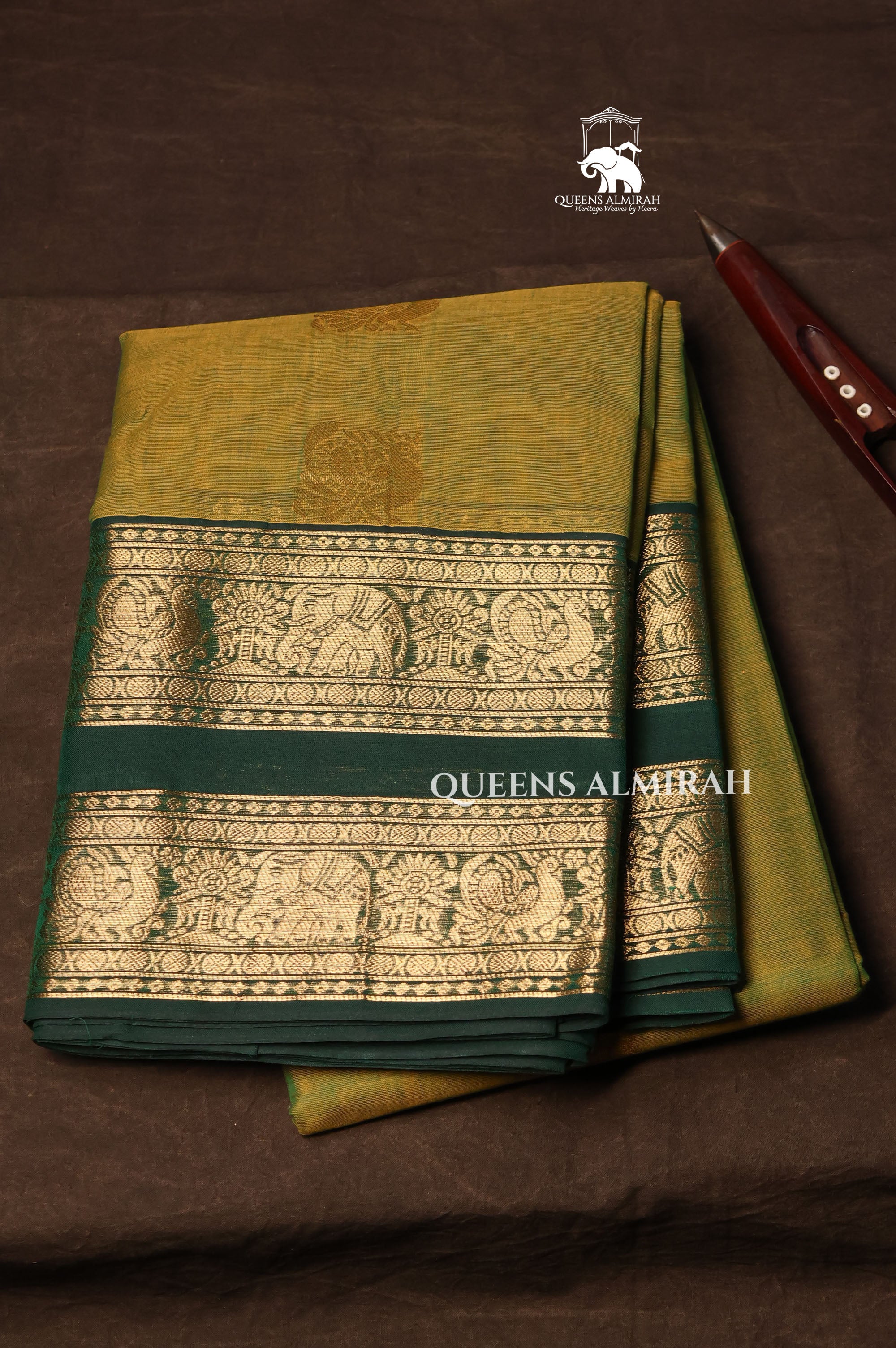 Olive Green With Dark Green Kanchi Cotton Saree