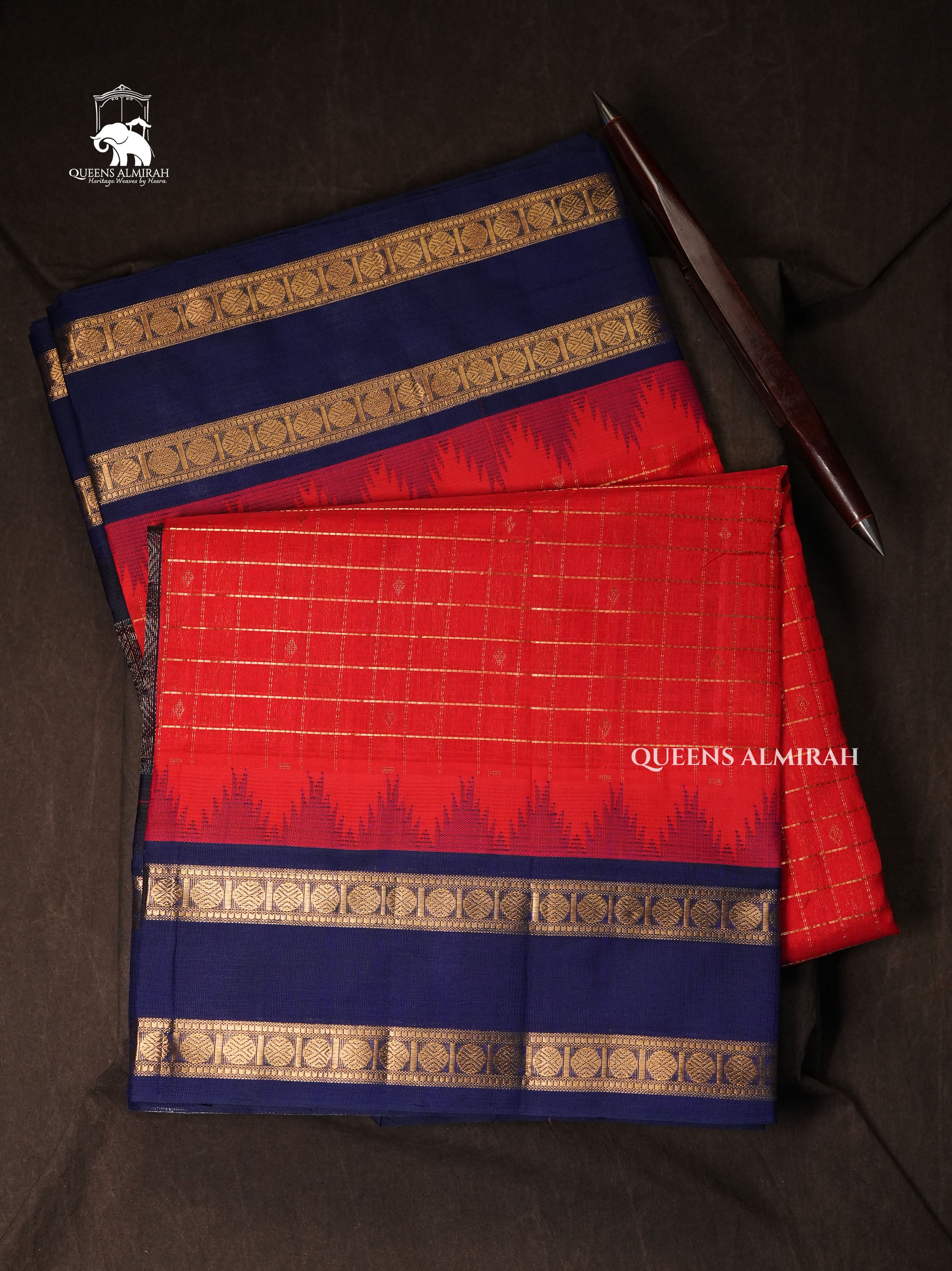 Red Kattam With Blue Pure Silk Cotton Saree