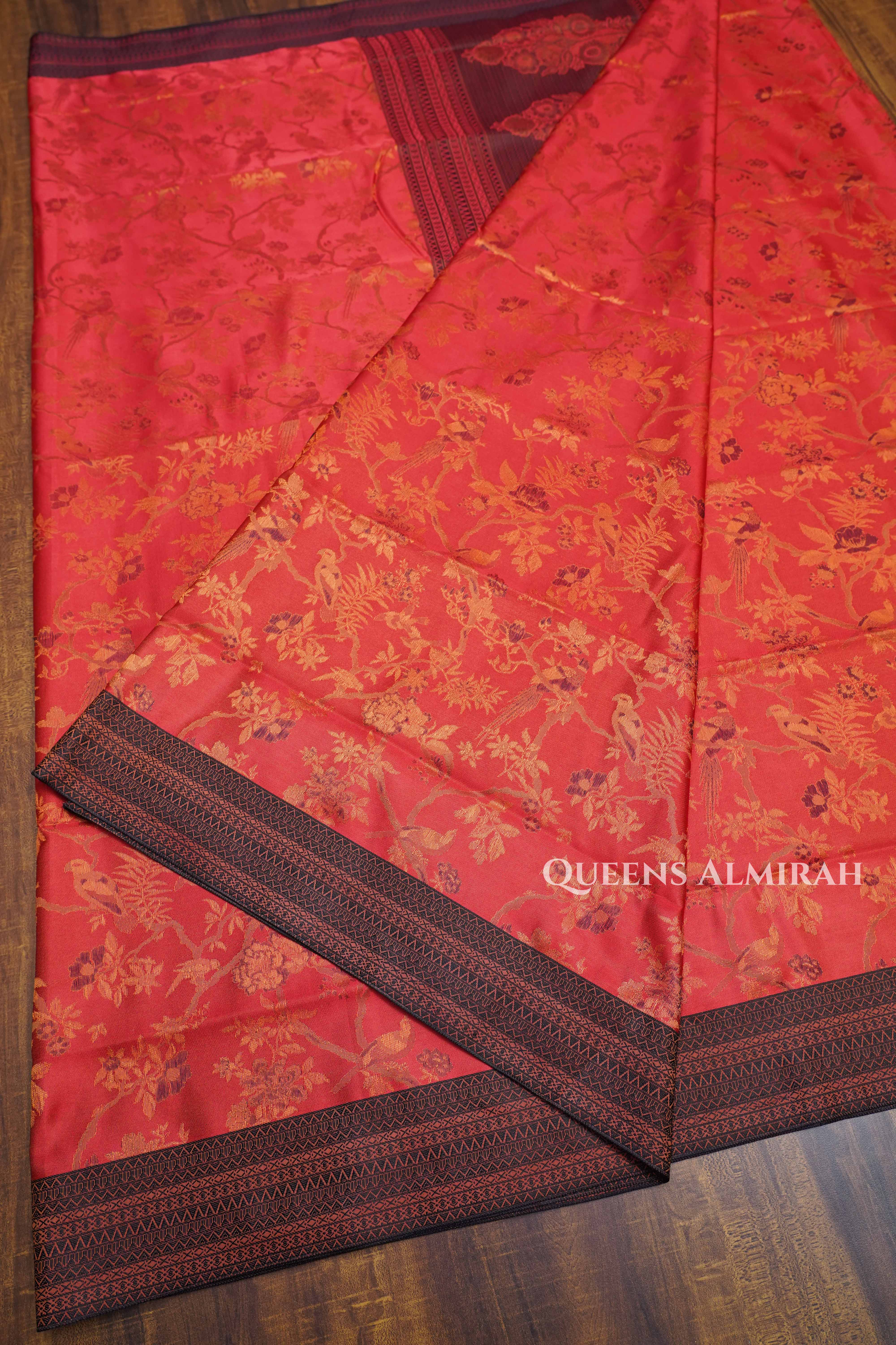 Coral Red Pashmina Silk Saree