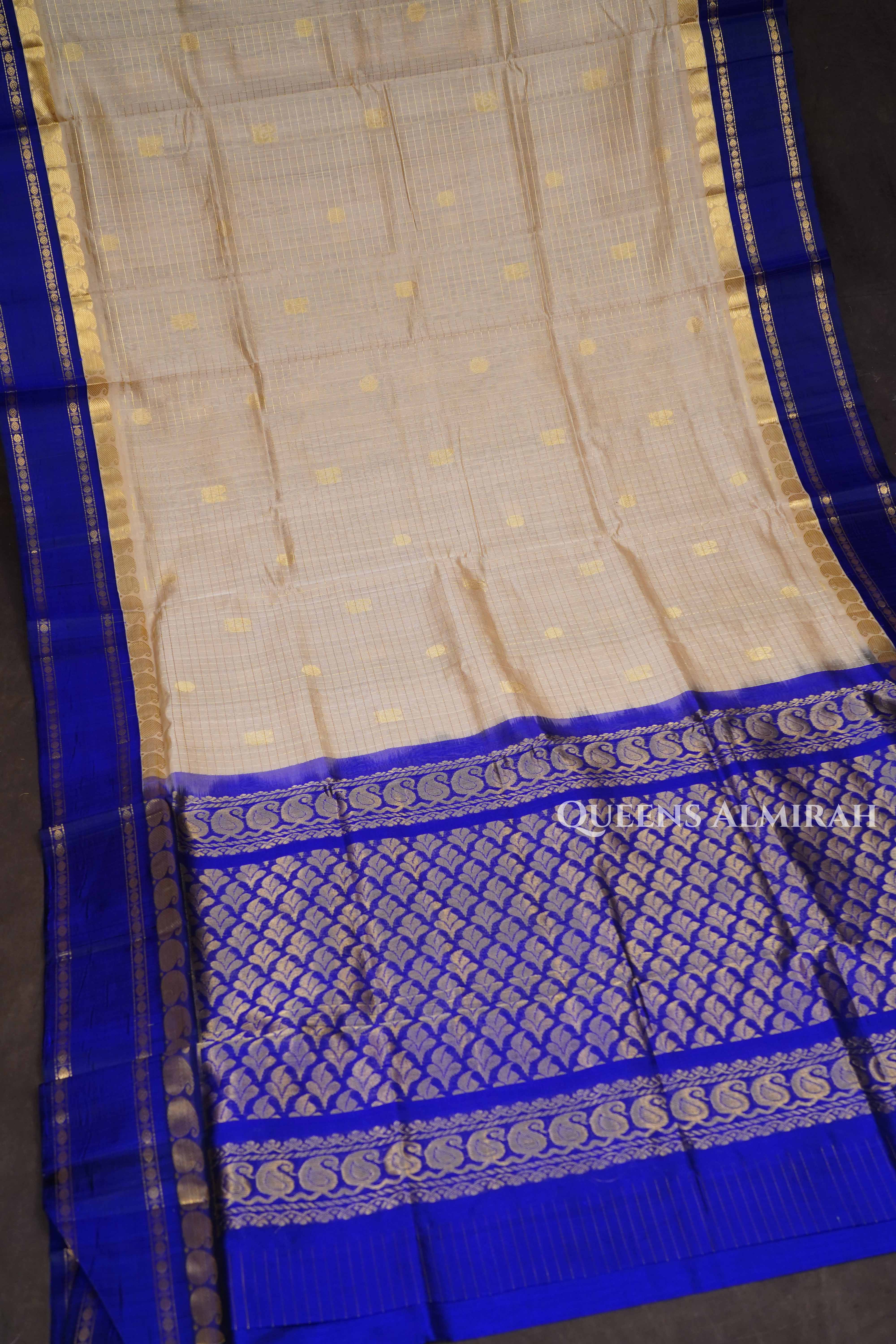 Off White With Blue Pure Silk Cotton Saree