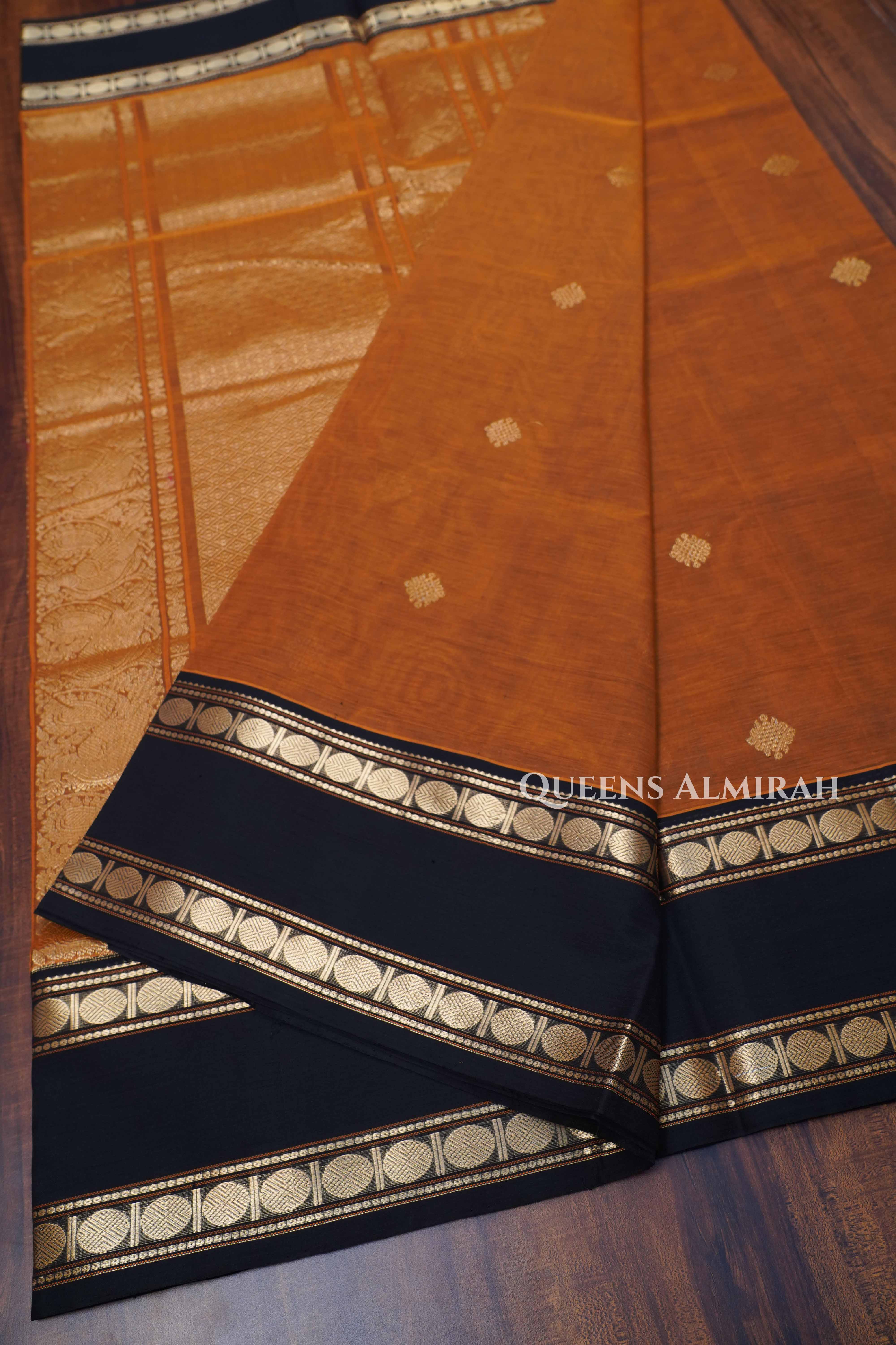 Brown With Black Karaikudi Chettinad Silk Cotton Saree