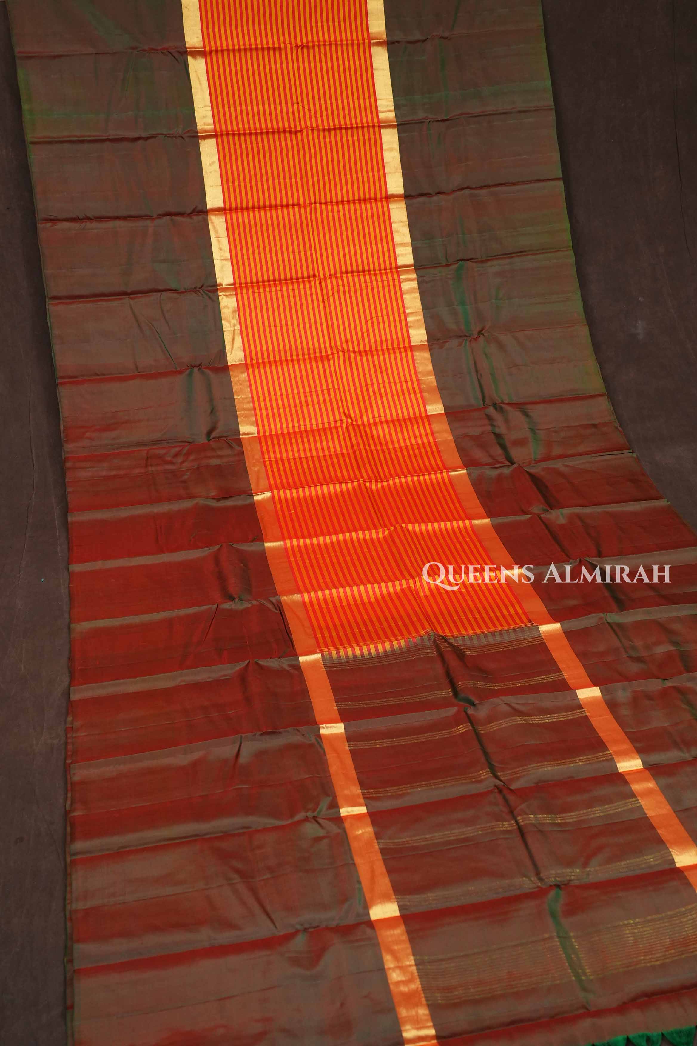 Dual Shade Green With Stripes Pure Kanchivaram Silk Saree