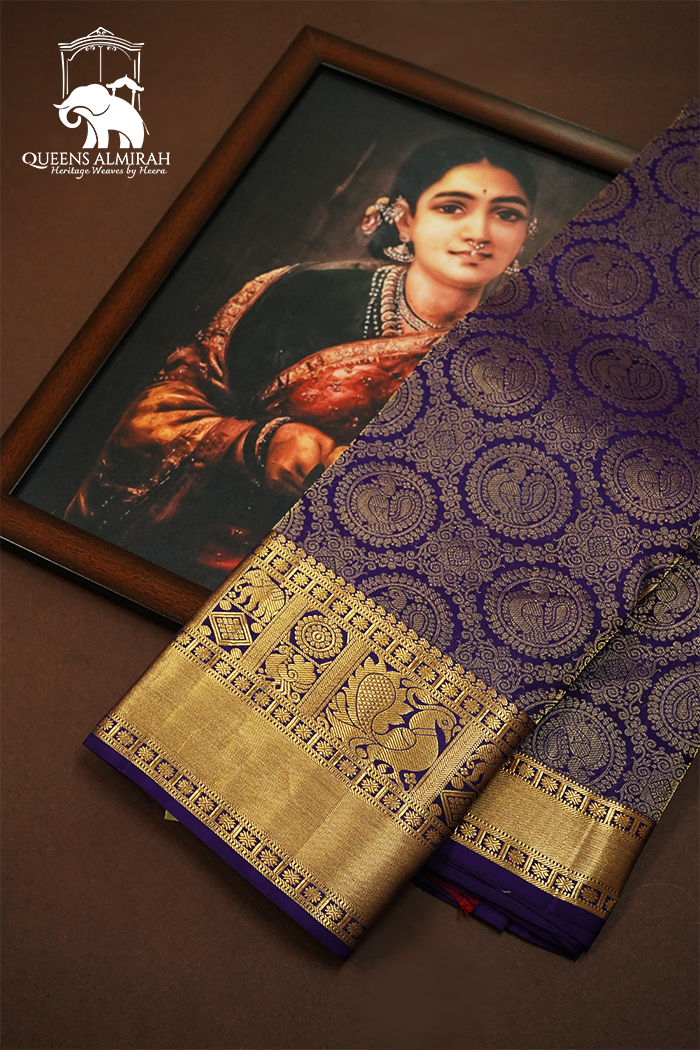 DARK PURPLE WITH GOLDEN PURE KANCHIVARAM SILK SAREE - Queens Jewel Emporium