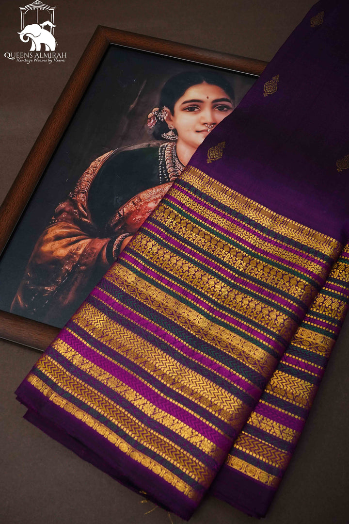 PLUM PURPLE WITH LONG BORDER PURE KANCHIVARAM SILK SAREE - Queens Jewel Emporium