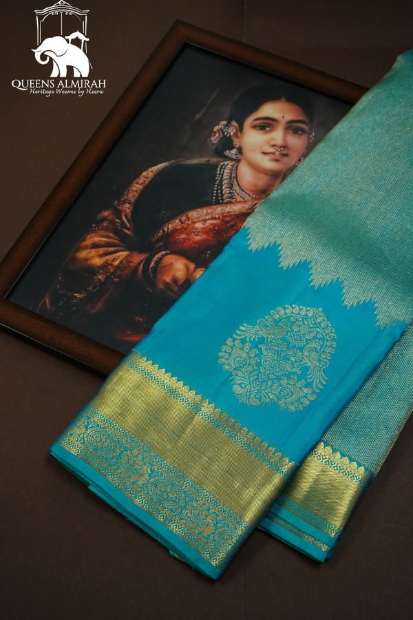 GREEN TEAL WITH OCEAN BLUE PURE KANCHIVARAM SILK SAREE - Queens Jewel Emporium