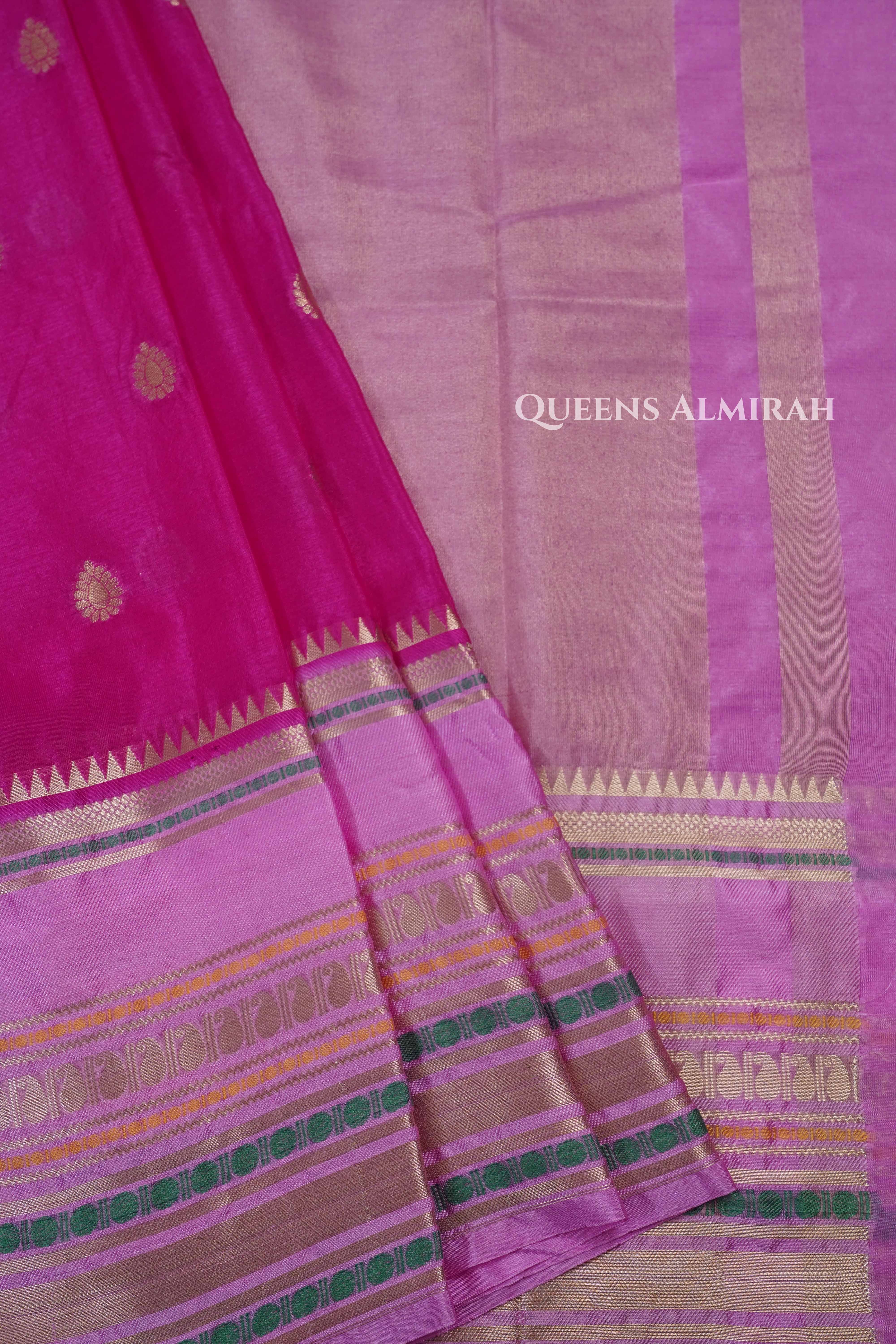 Magenta Pink With Rose Milk Pink Semi Banarasi Silk Saree