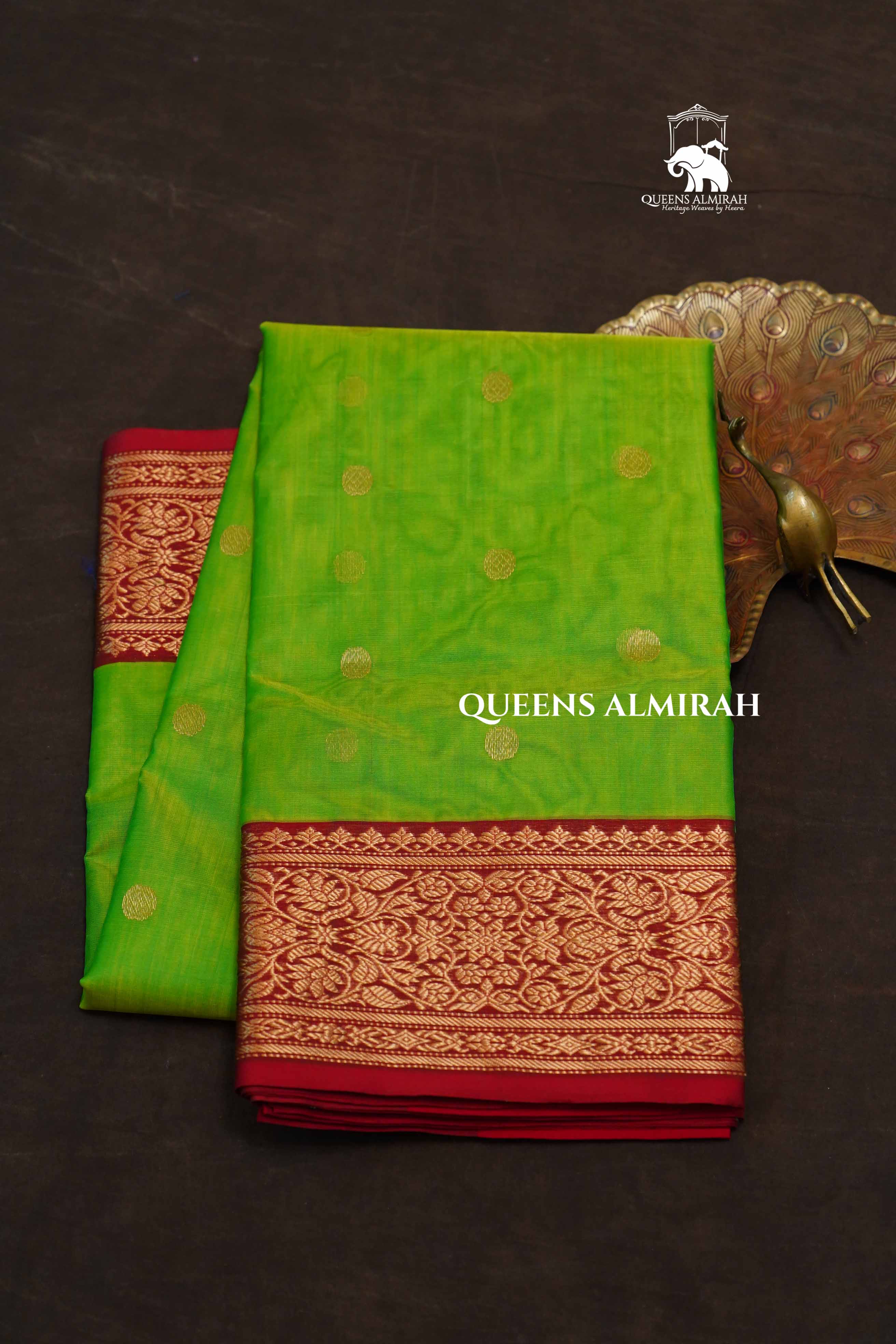 Parrot Green With Red Chanderi Katan Silk Handloom Saree