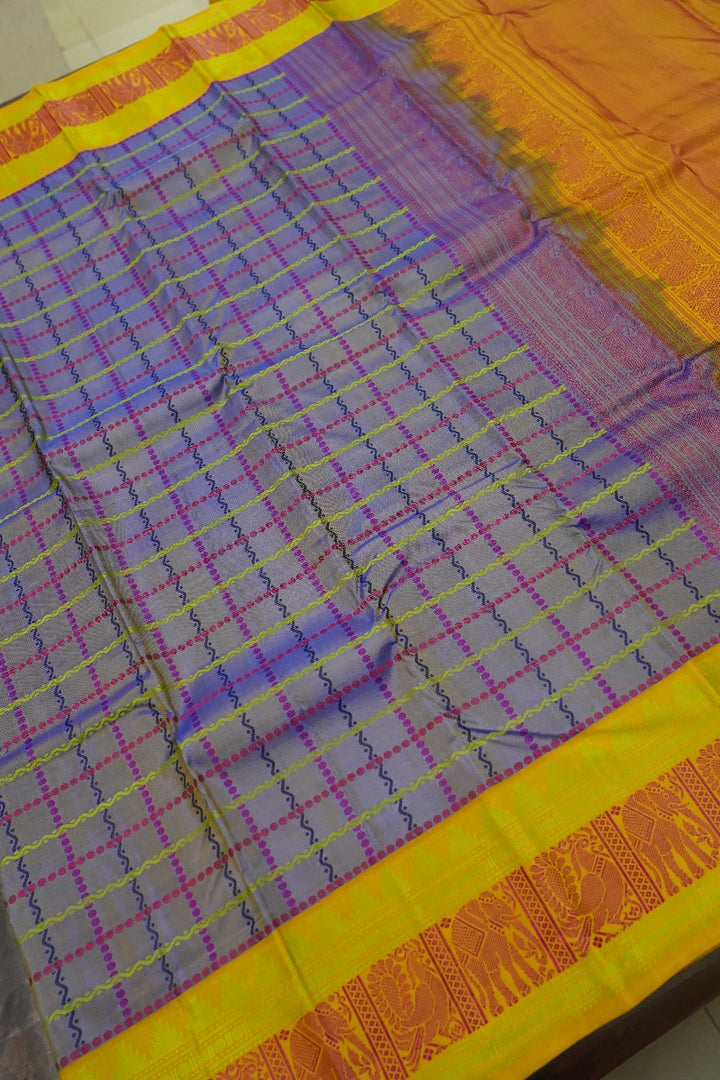 DARK LILAC WITH MANGO YELLOW PURE KANCHIVARAM SILK SAREE - Queens Jewel Emporium