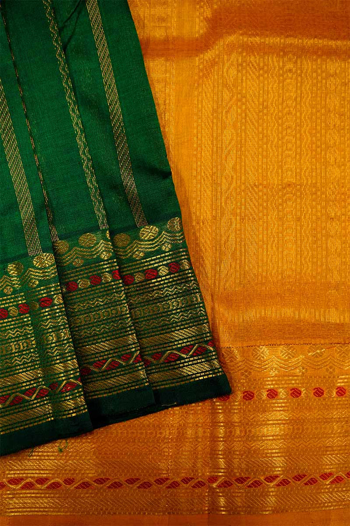 PURE KANCHI SILK COTTON - GRAND LEAF GREEN WITH MUSTARD YELLOW - Queens Jewel Emporium