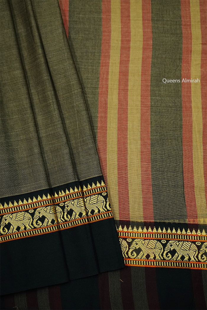RIFLE GREEN WITH BLACK BORDER NARAYANPET COTTON SAREE - Queens Jewel Emporium