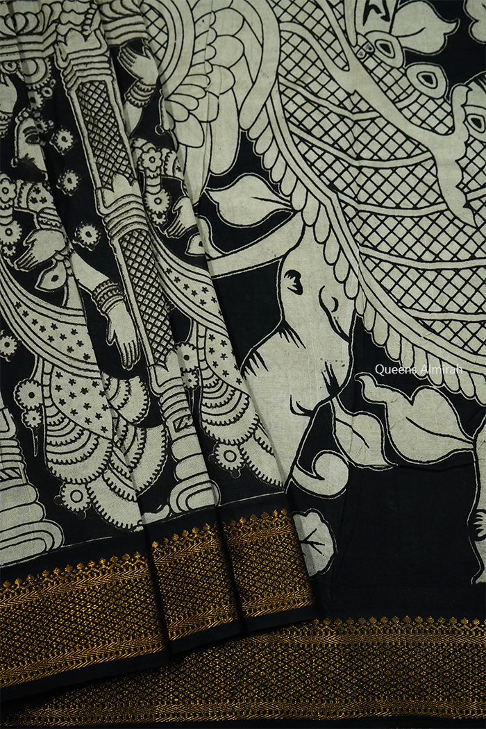 BLACK  WITH  GOLDEN BORDER MANGALGIRI SAREE - Queens Jewel Emporium