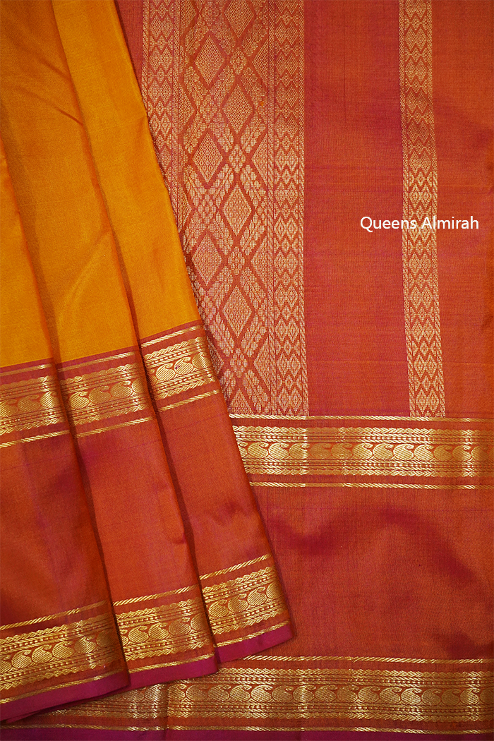 DIRTY ORANGE WITH RUST BROWN PURE KANCHIVARAM SILK SAREE - Queens Jewel Emporium