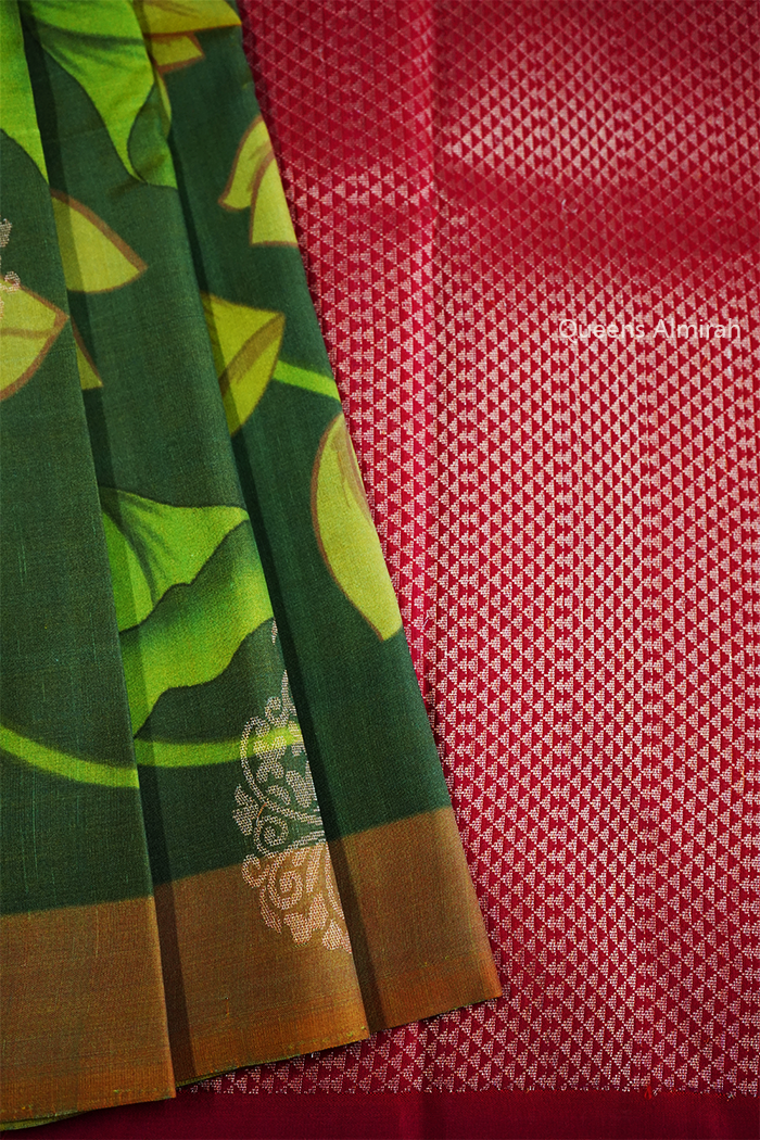 AVOCADO GREEN WITH LEMON GINGER KANCHIVARAM SILK SAREE - Queens Jewel Emporium