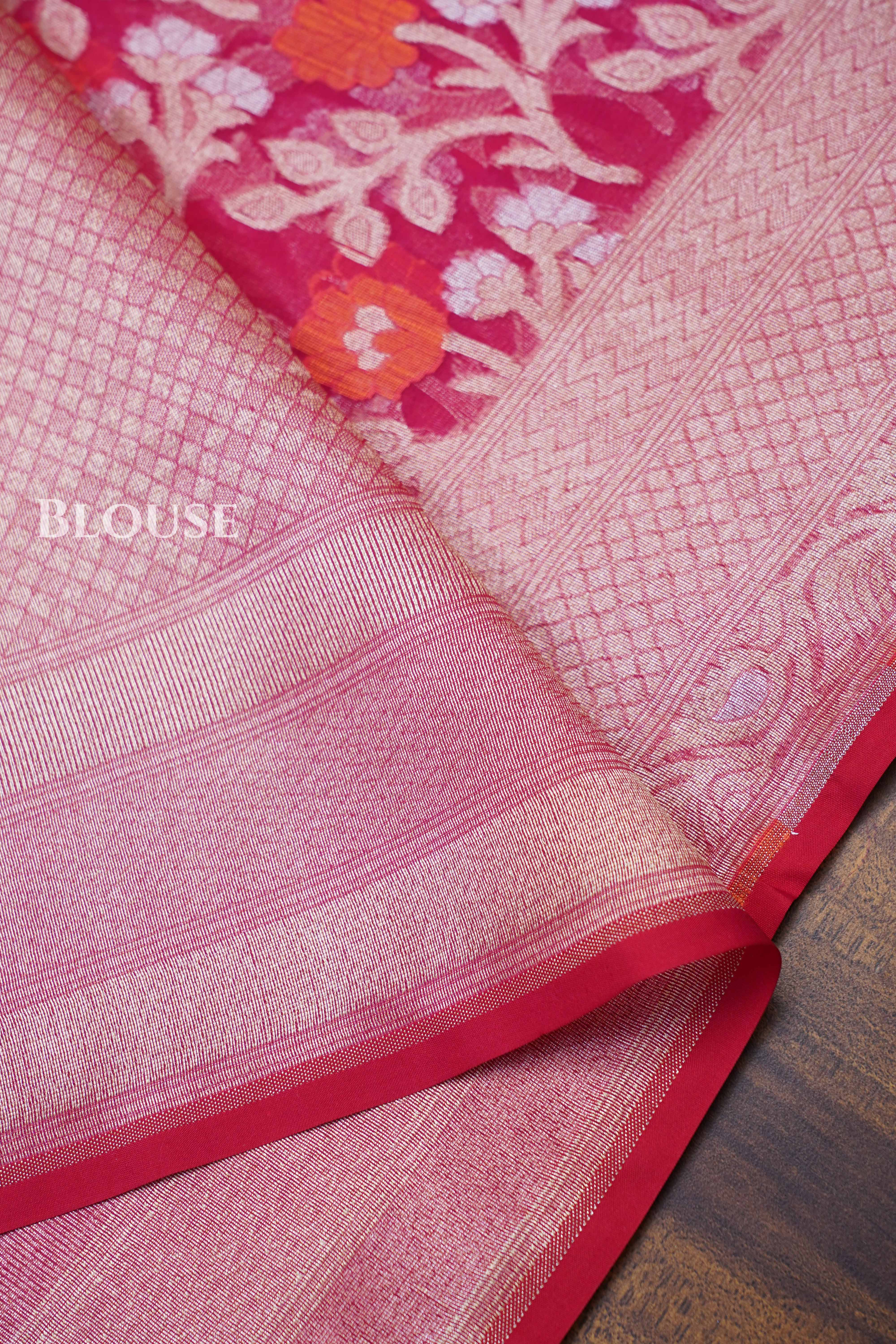 Tomato Pink Banarasi Organza Silk Saree