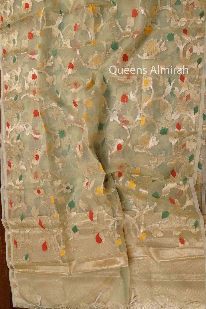 SANDAL MUSLIN JAMDANI SAREE - Queens Jewel Emporium