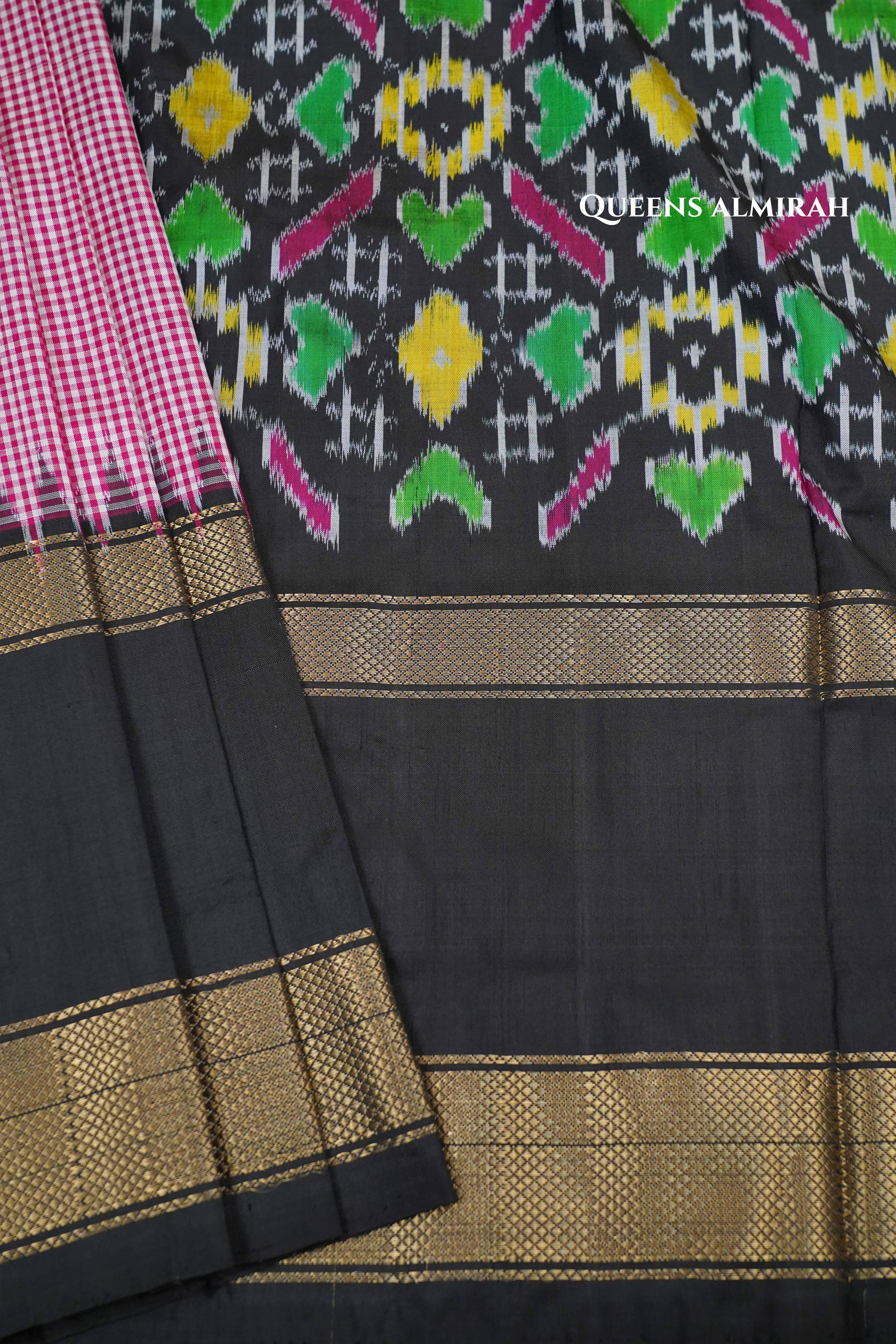 White And Pink Checks With Black Pure Ikat Silk Saree - Queens Jewel Emporium