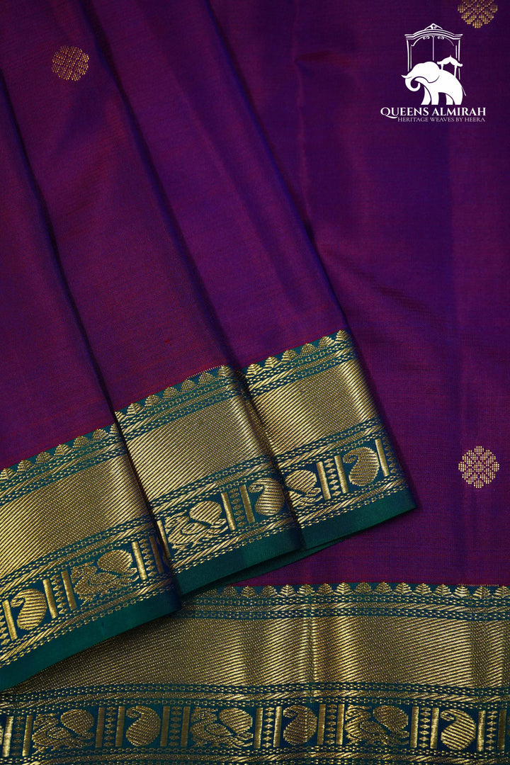 DARK PURPLE WITH NAVY GREEN KANCHIVARAM SILK SAREE - Queens Jewel Emporium