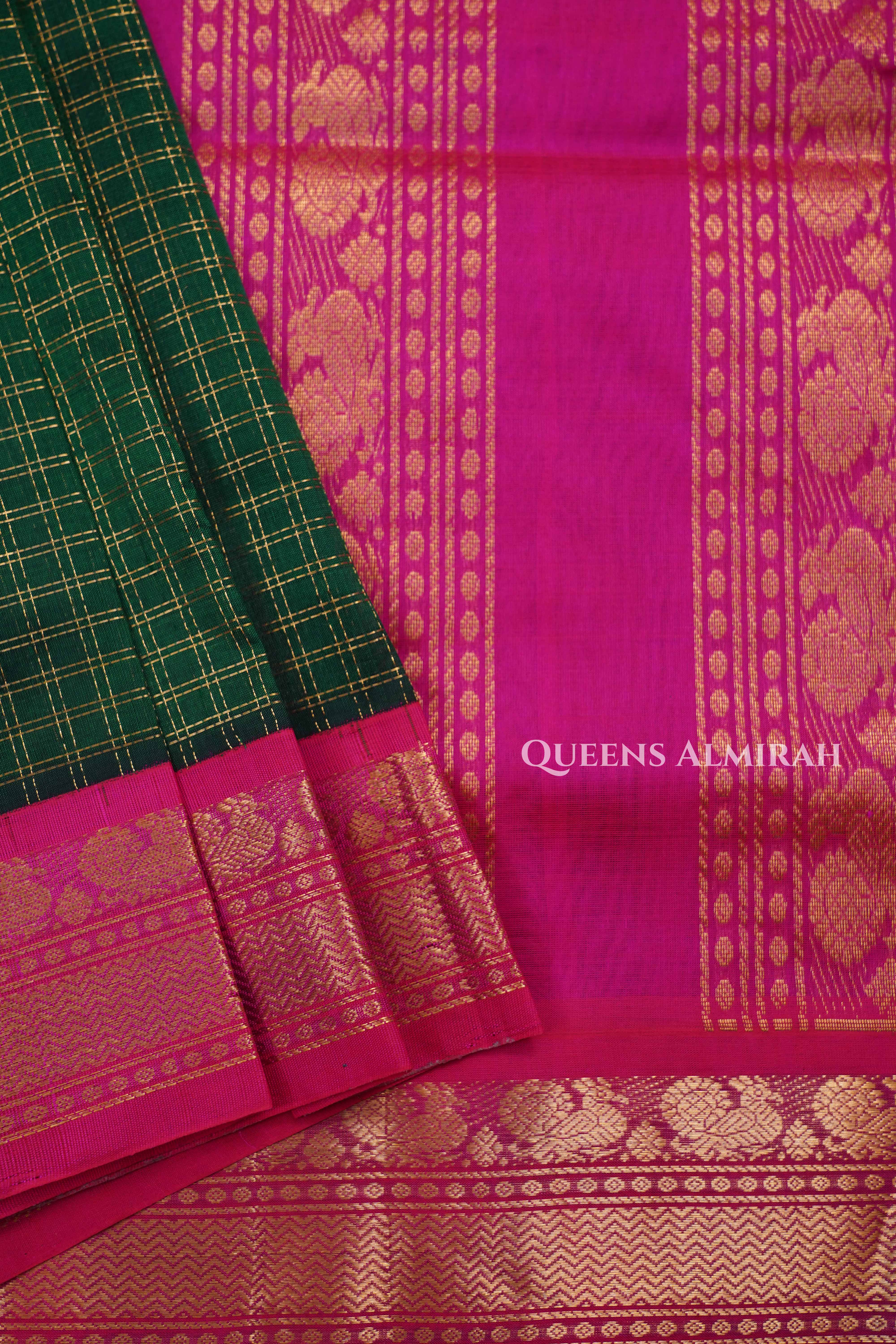 Dark Green With Pink Pure Kanchi Silk Cotton Saree