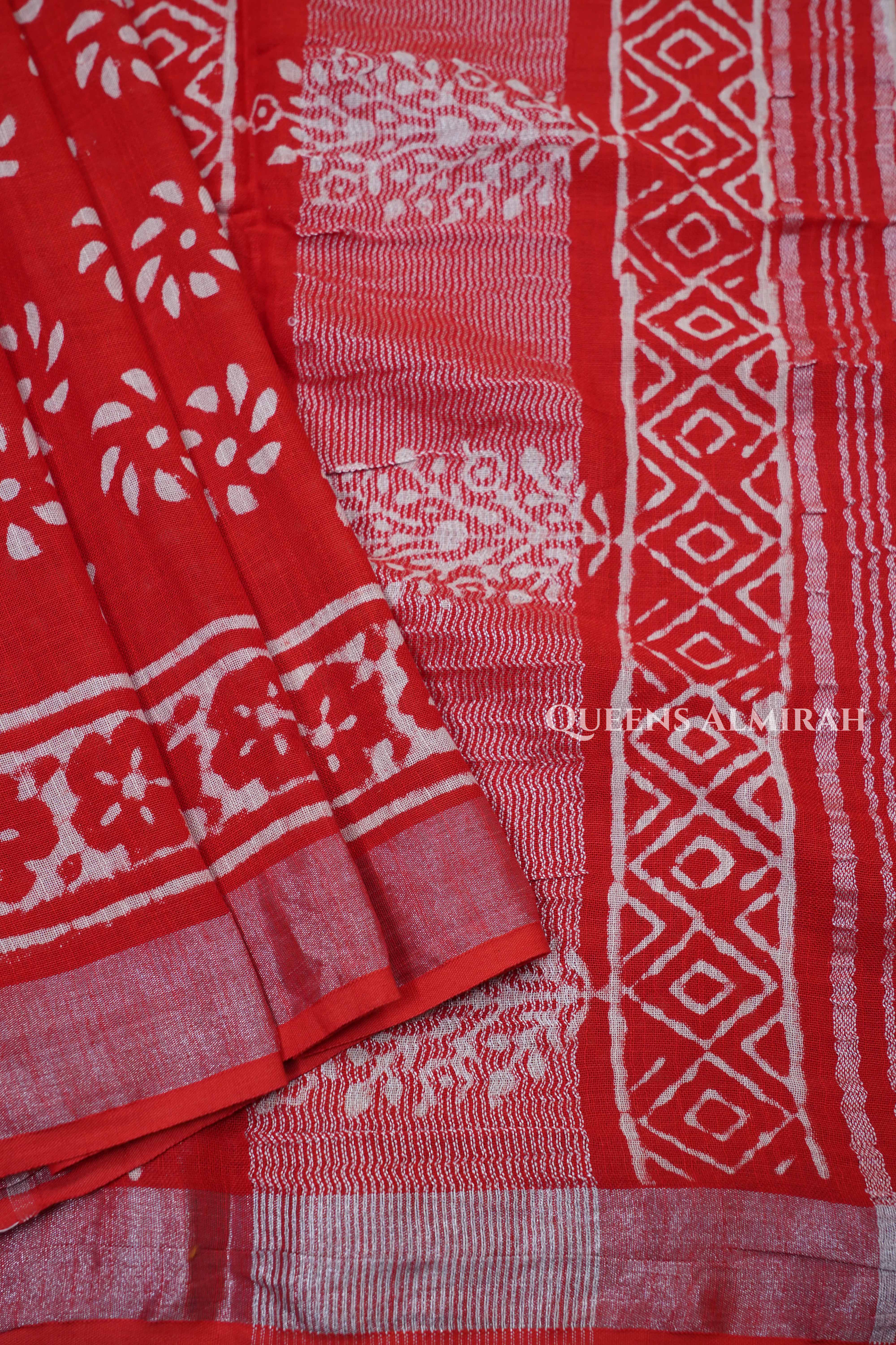 Red Linen Cotton Saree