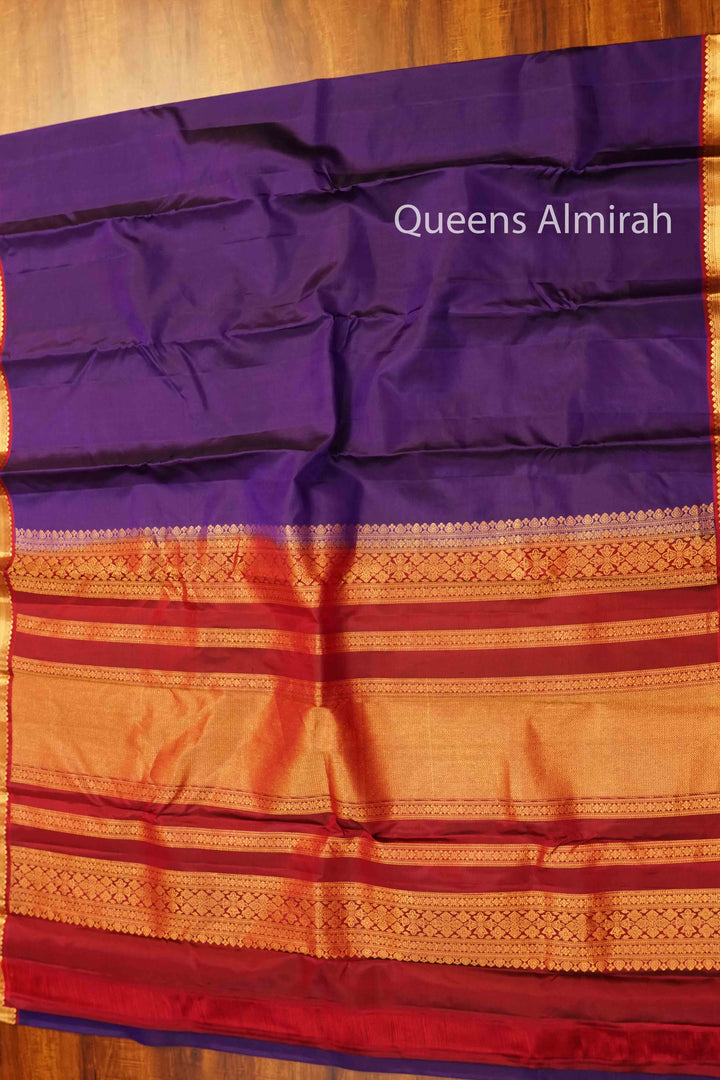 BRINJAL PURPLE WITH DEEP CARAMINE GOLD BORDER PURE KANCHIVARAM SILK SAREE - Queens Jewel Emporium