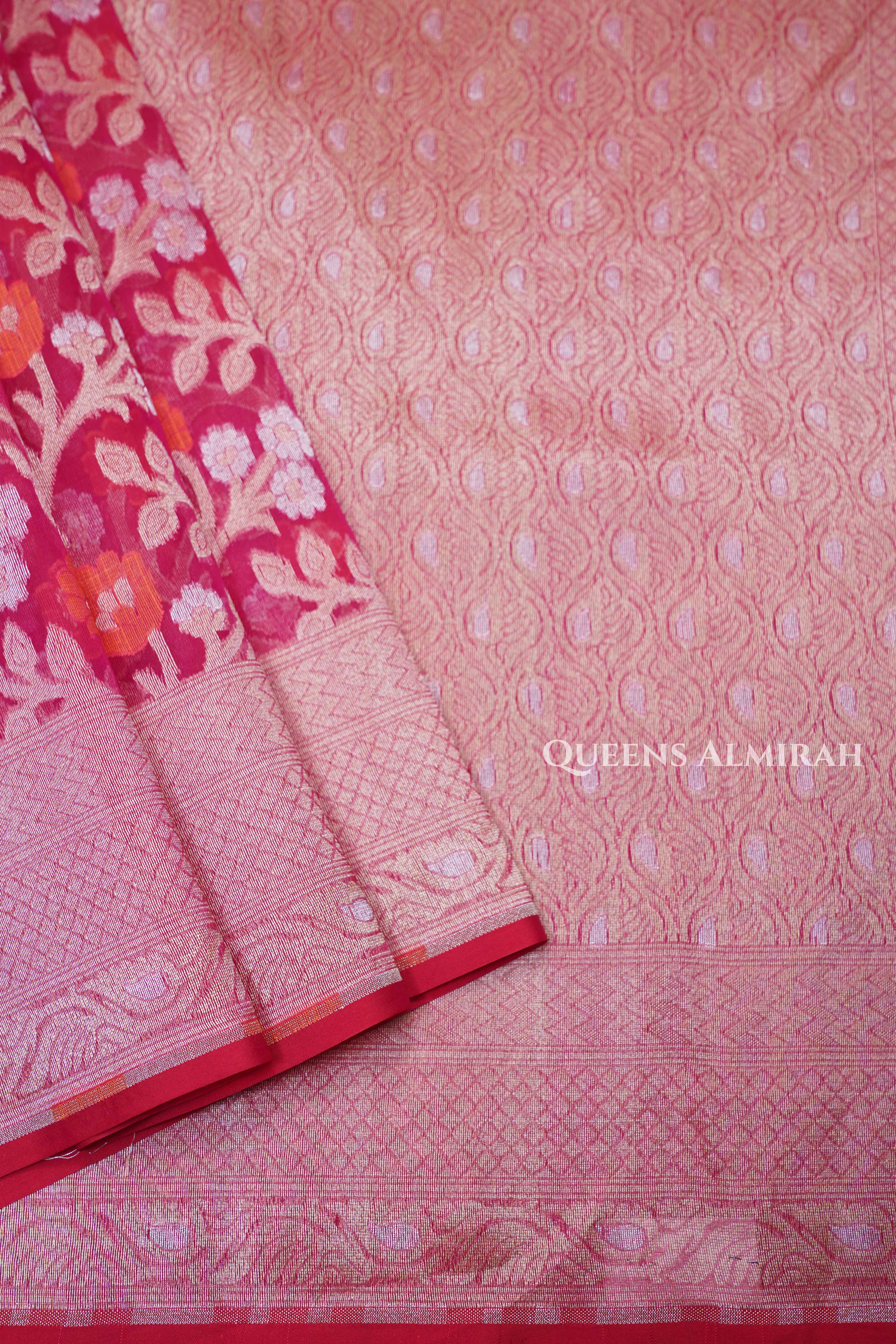 Tomato Pink Banarasi Organza Silk Saree