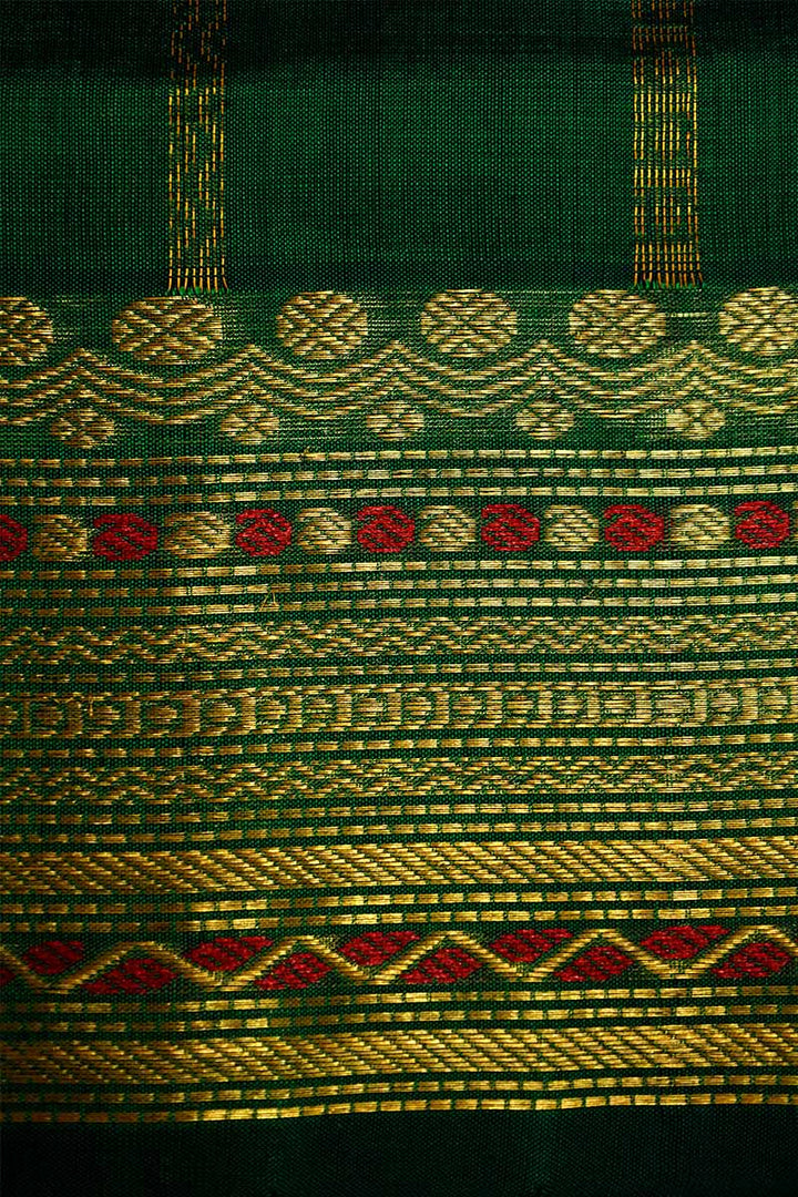 PURE KANCHI SILK COTTON - GRAND LEAF GREEN WITH MUSTARD YELLOW - Queens Jewel Emporium