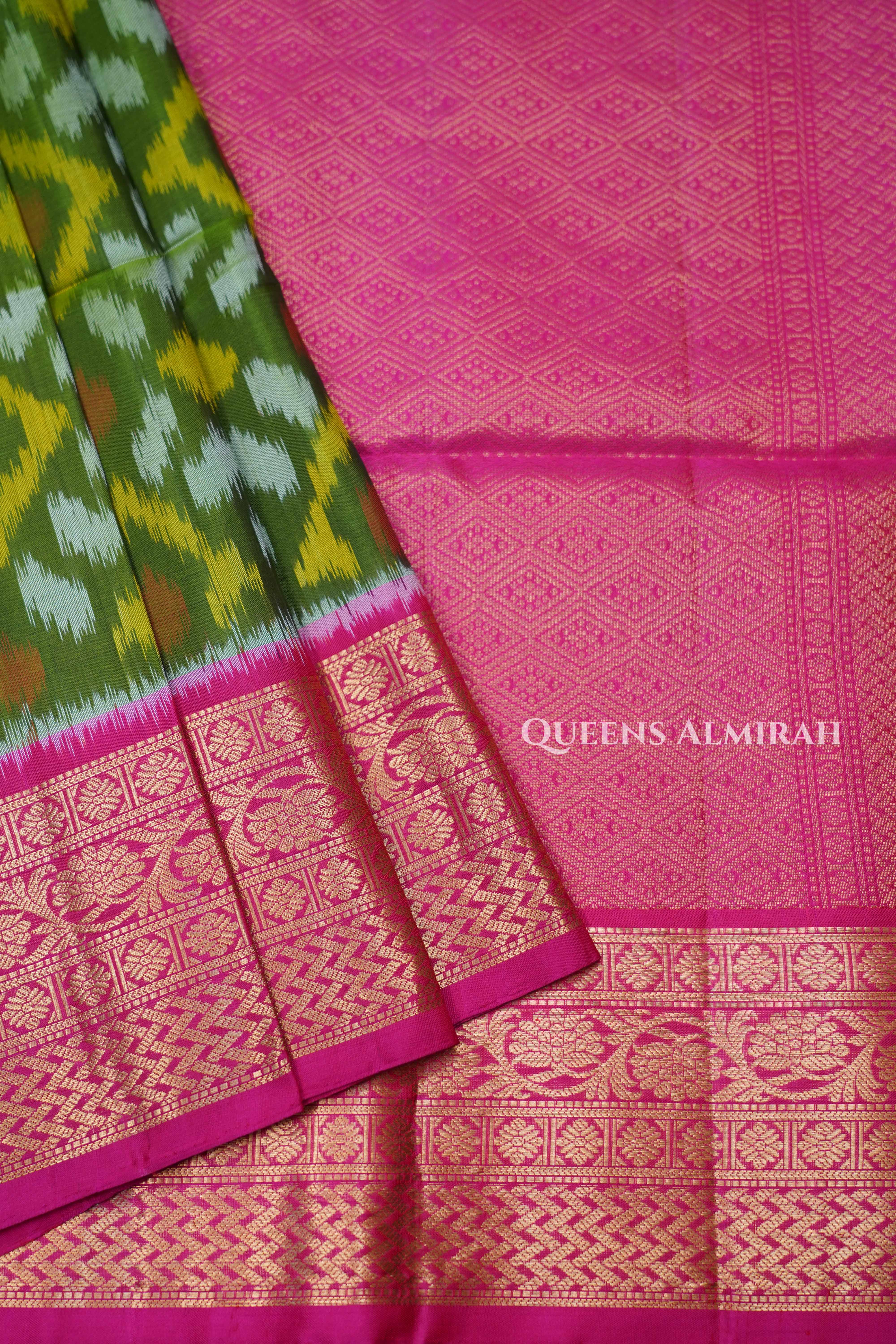 Olive Green With Pink Pure Soft Silk Saree