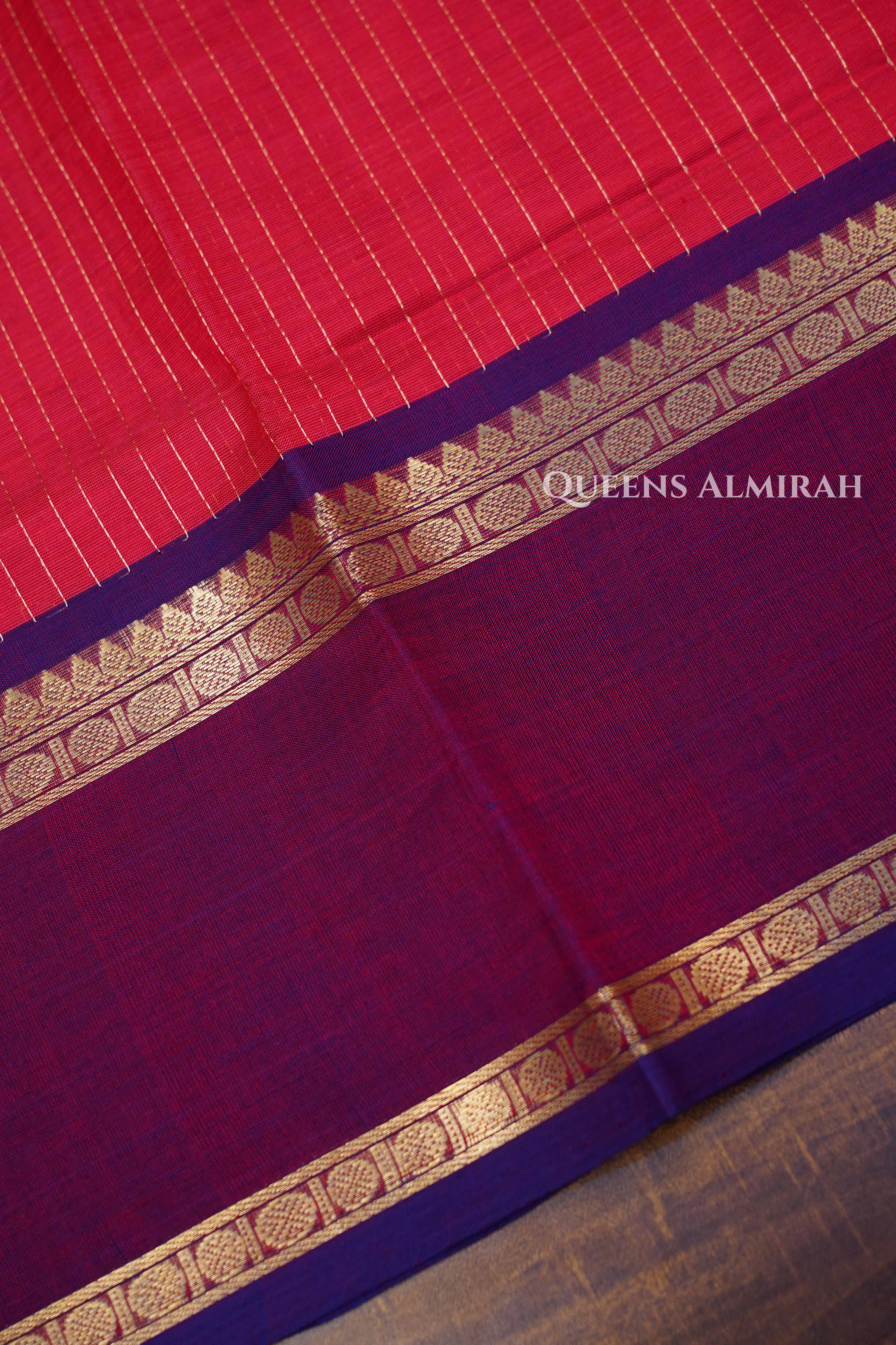 Caramine Pink With Deep Purple-Karaikudi Chettinad Silk Cotton Saree