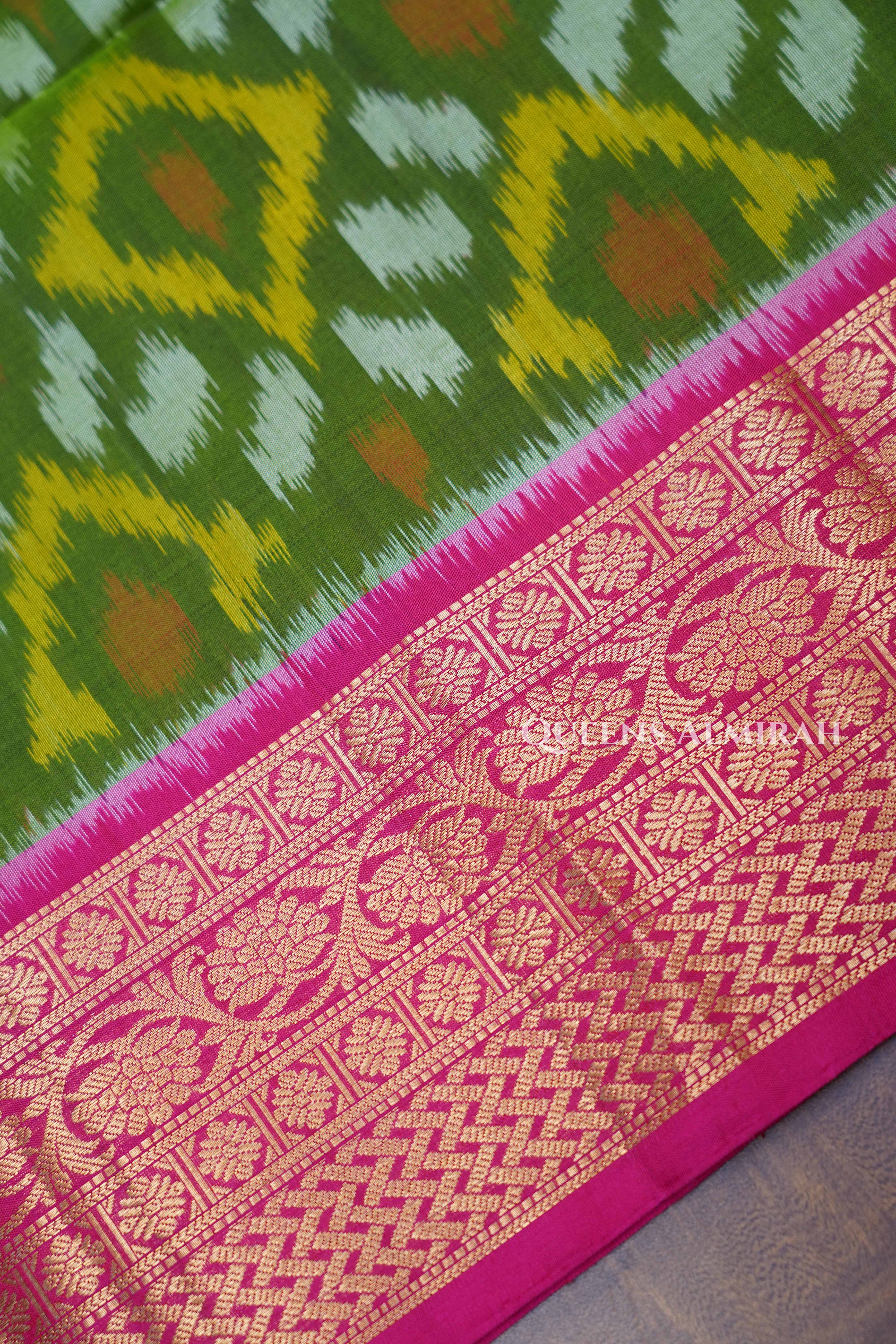 Olive Green With Pink Pure Soft Silk Saree