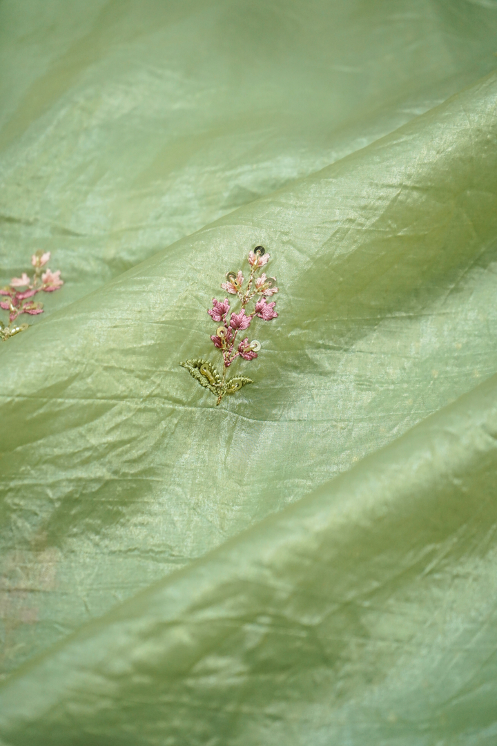 GREEN SMOKE WITH EMBROIDERY BORDER TISSUE SAREE - Queens Jewel Emporium