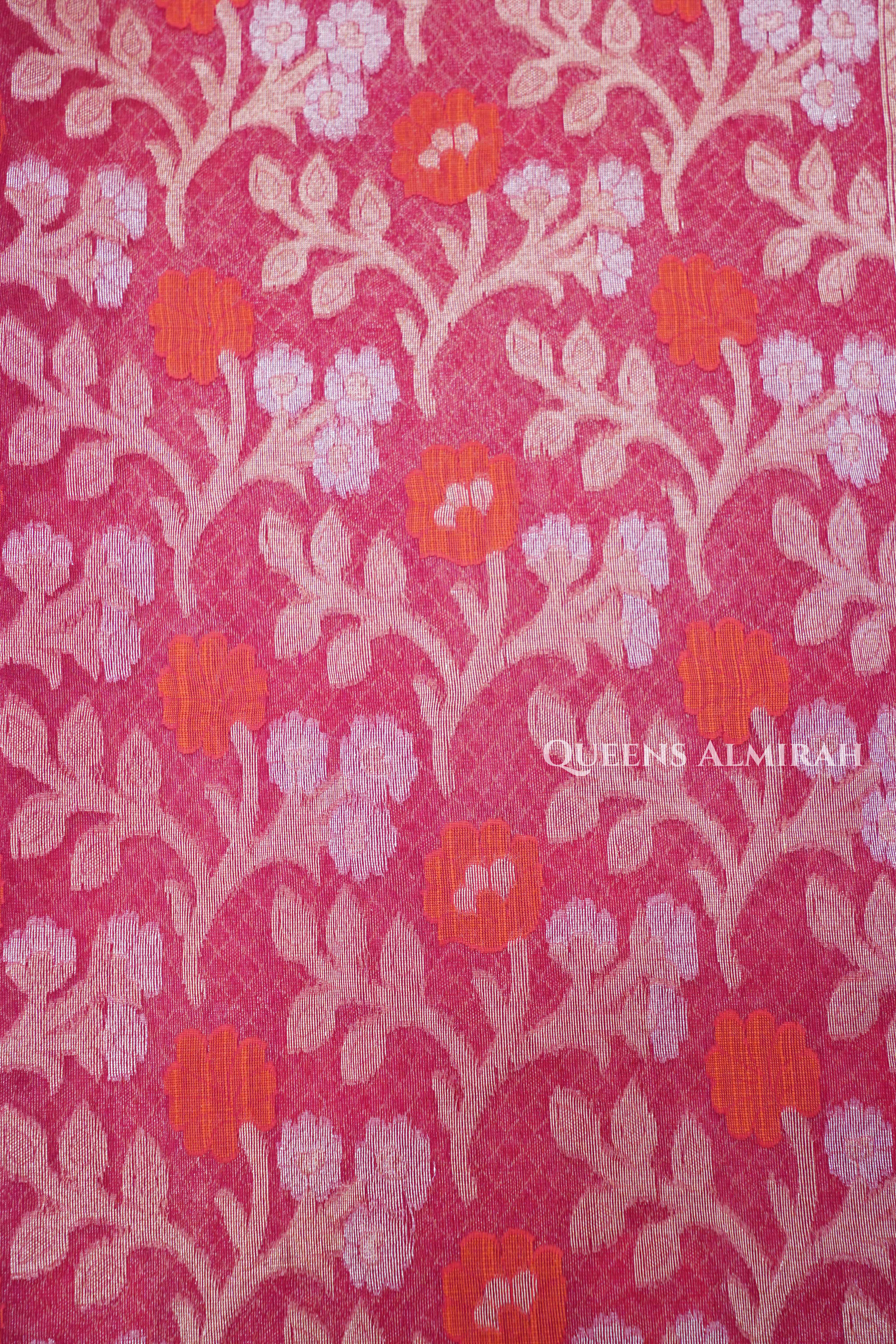 Tomato Pink Banarasi Organza Silk Saree