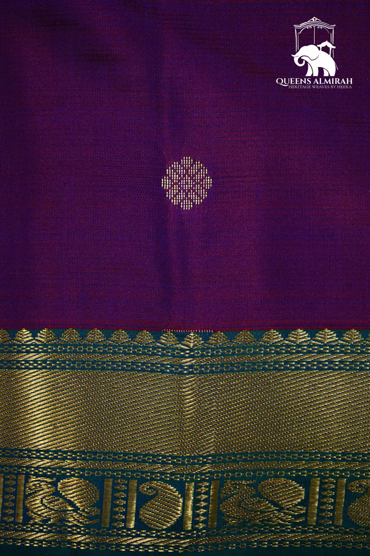 DARK PURPLE WITH NAVY GREEN KANCHIVARAM SILK SAREE - Queens Jewel Emporium