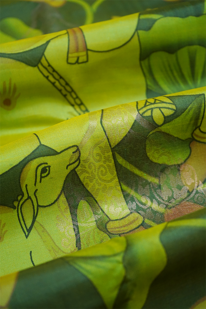 AVOCADO GREEN WITH LEMON GINGER KANCHIVARAM SILK SAREE - Queens Jewel Emporium