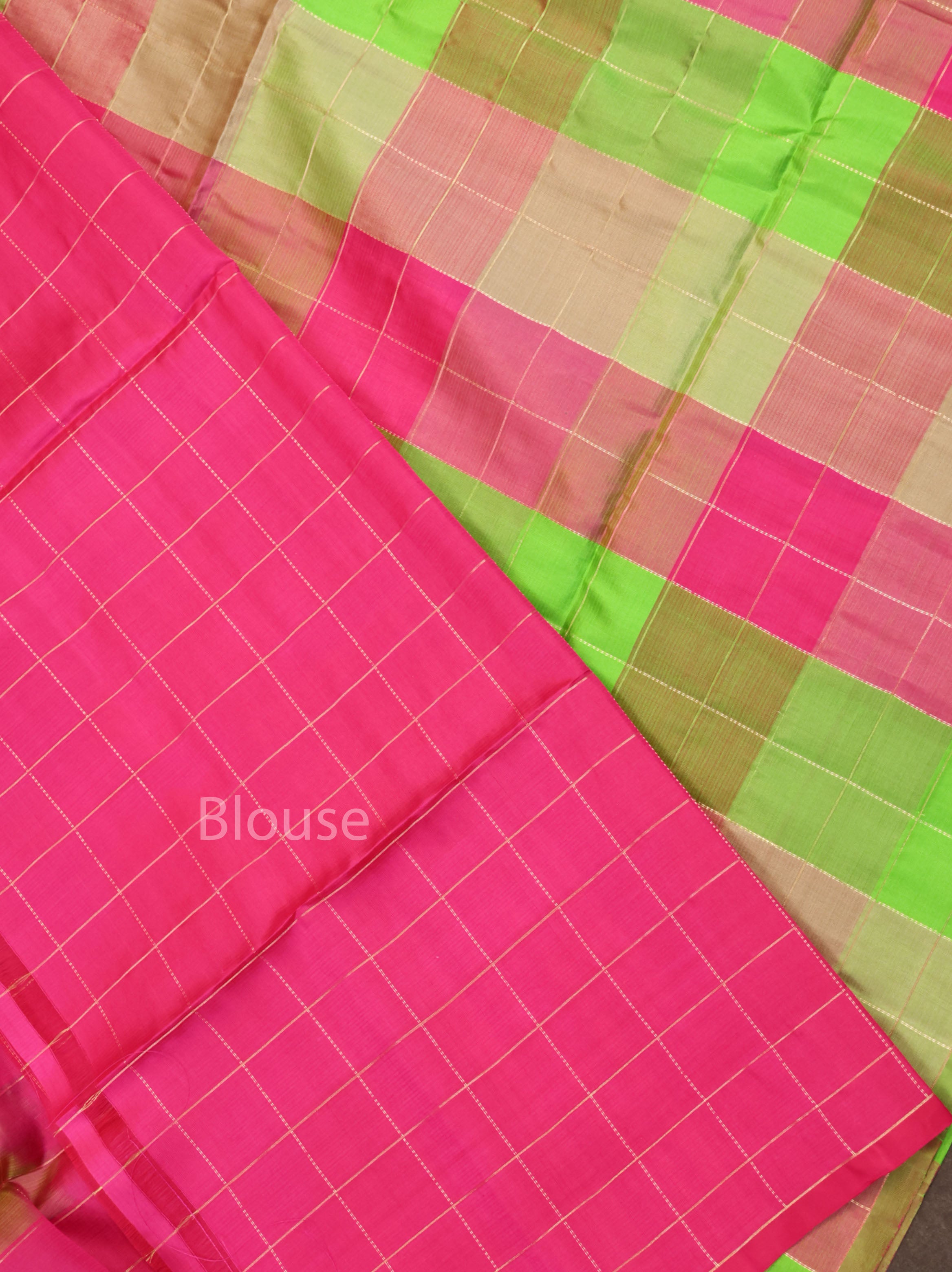Parrot Green With Pink Checks Pure Soft Silk Saree