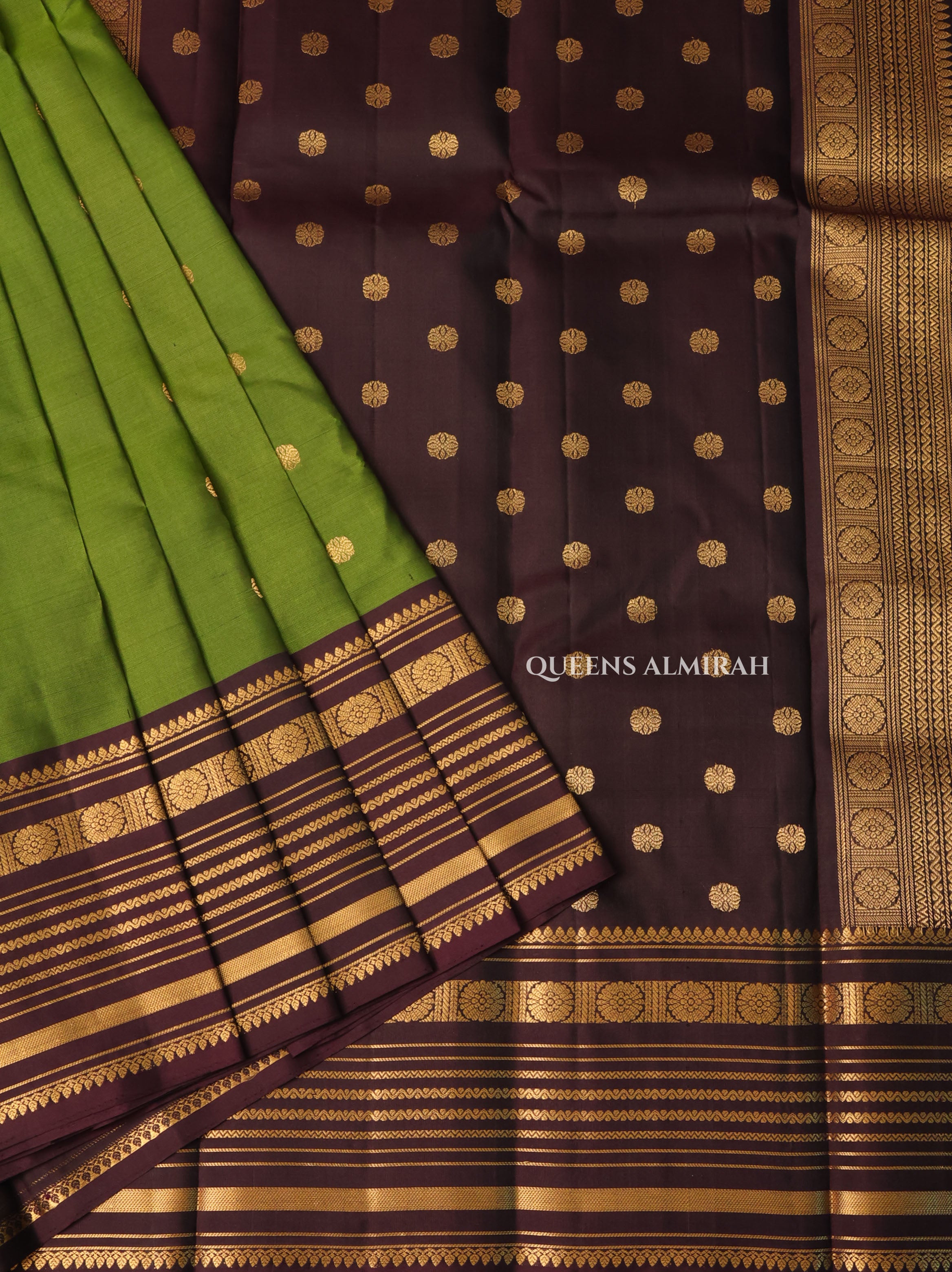 Olive Green With Chocolate Brown Pure Kanchivaram Silk Saree