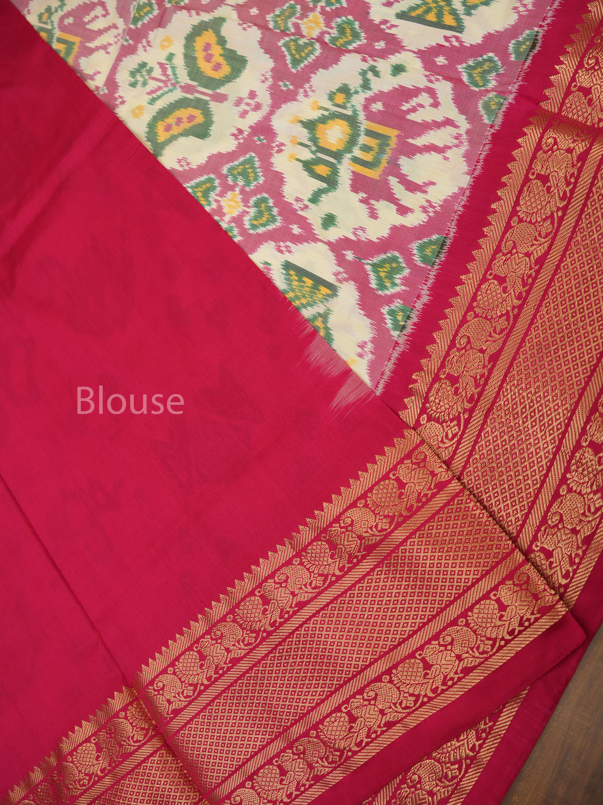 Off White With Pink Pochampally Silk Saree