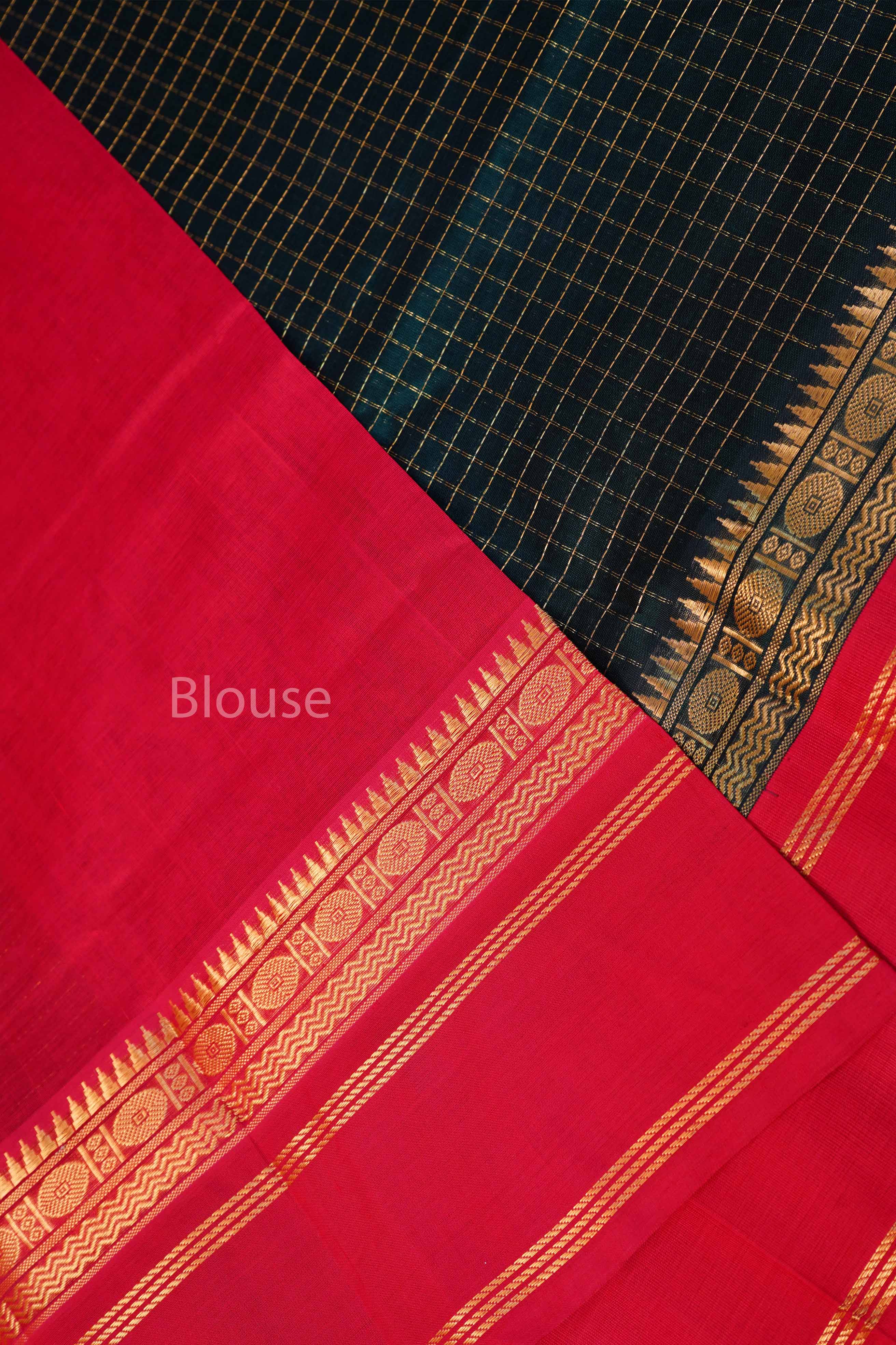 Dark Green Kattam With Red Gap Border Pure Silk Cotton Saree