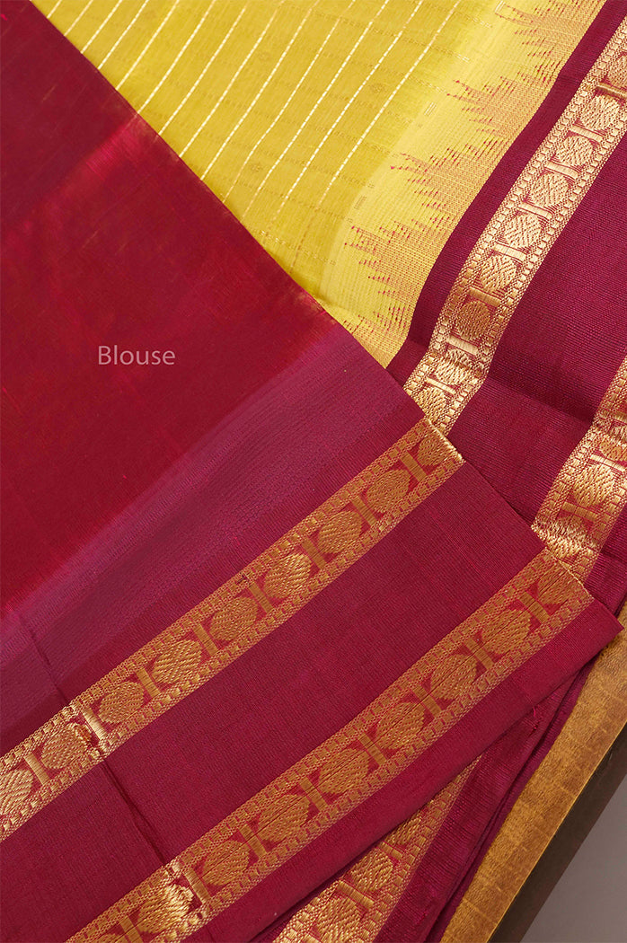 Lime Yellow Kattam Butta With Maroon Gap Border Pure Silk Cotton Saree