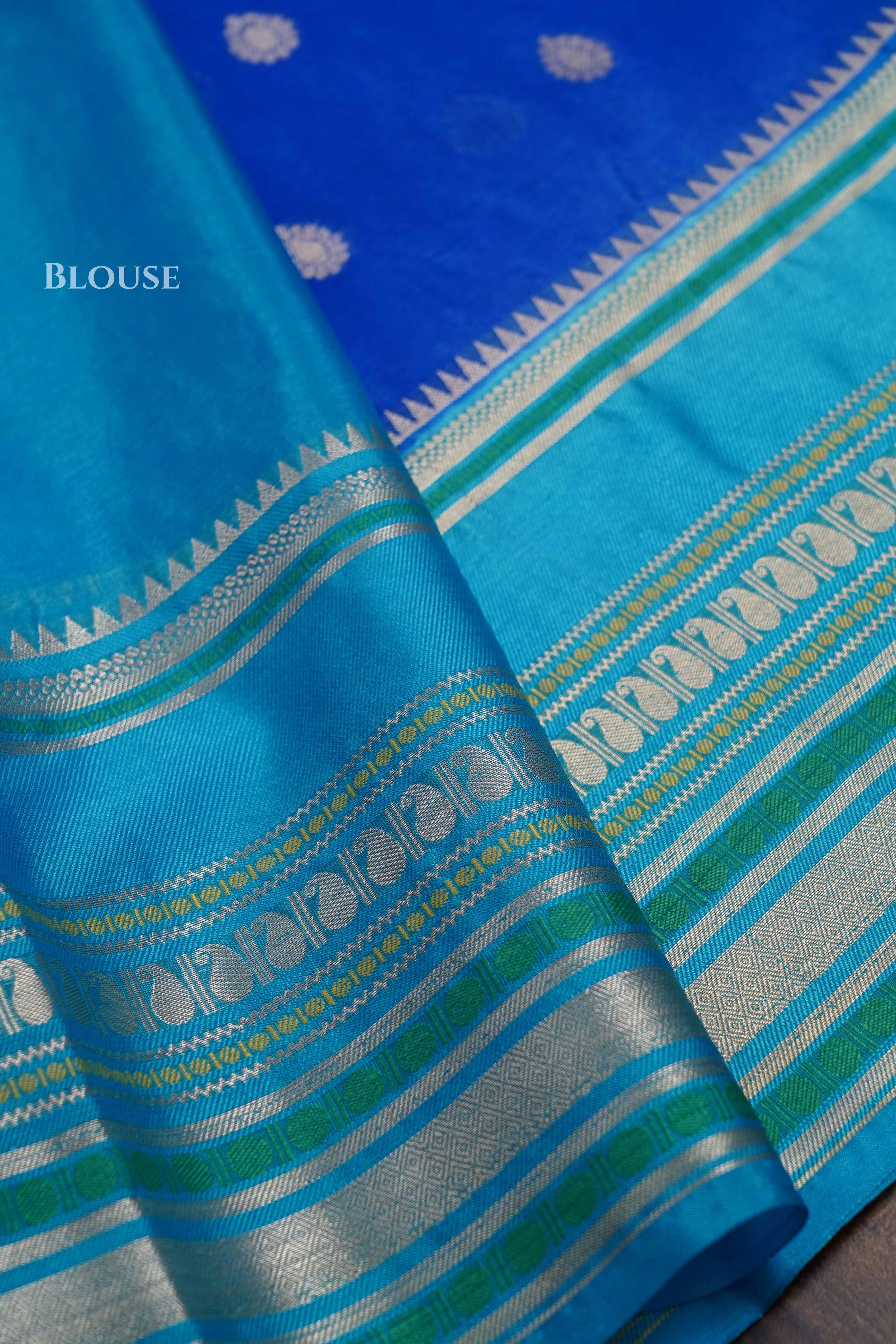 Royal Blue With Sea Blue Semi Banarasi Silk Saree